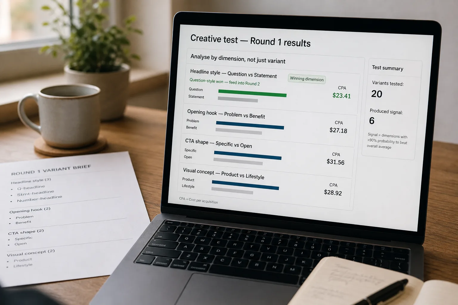 A laptop on a tidy desk showing an ad-creative test dashboard with results grouped by creative dimension — "Headline style" marked the winning dimension, with a note to feed it into Round 2 — beside a printed variant brief.
