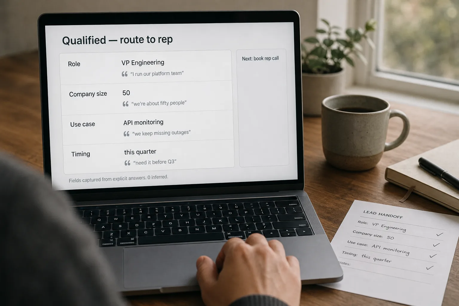 A laptop on a tidy desk showing a qualified-lead handoff screen: structured fields (role, company size, use case, timing) each paired with the prospect's verbatim quote, marked "Qualified — route to rep."
