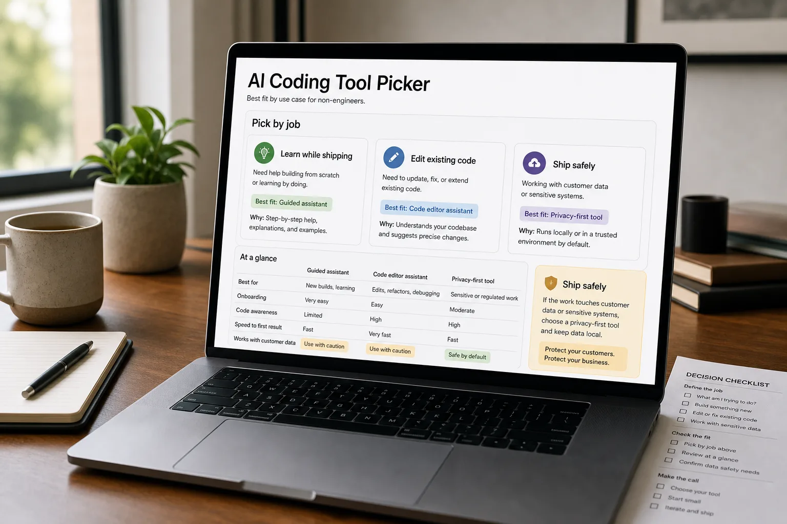 Over-the-shoulder photo of a laptop showing a "Pick your tool by the job" decision panel: rows mapping use-cases like data analysis, learning to code, and prototyping apps to recommended tools, with one row flagged "Get an engineer to review."