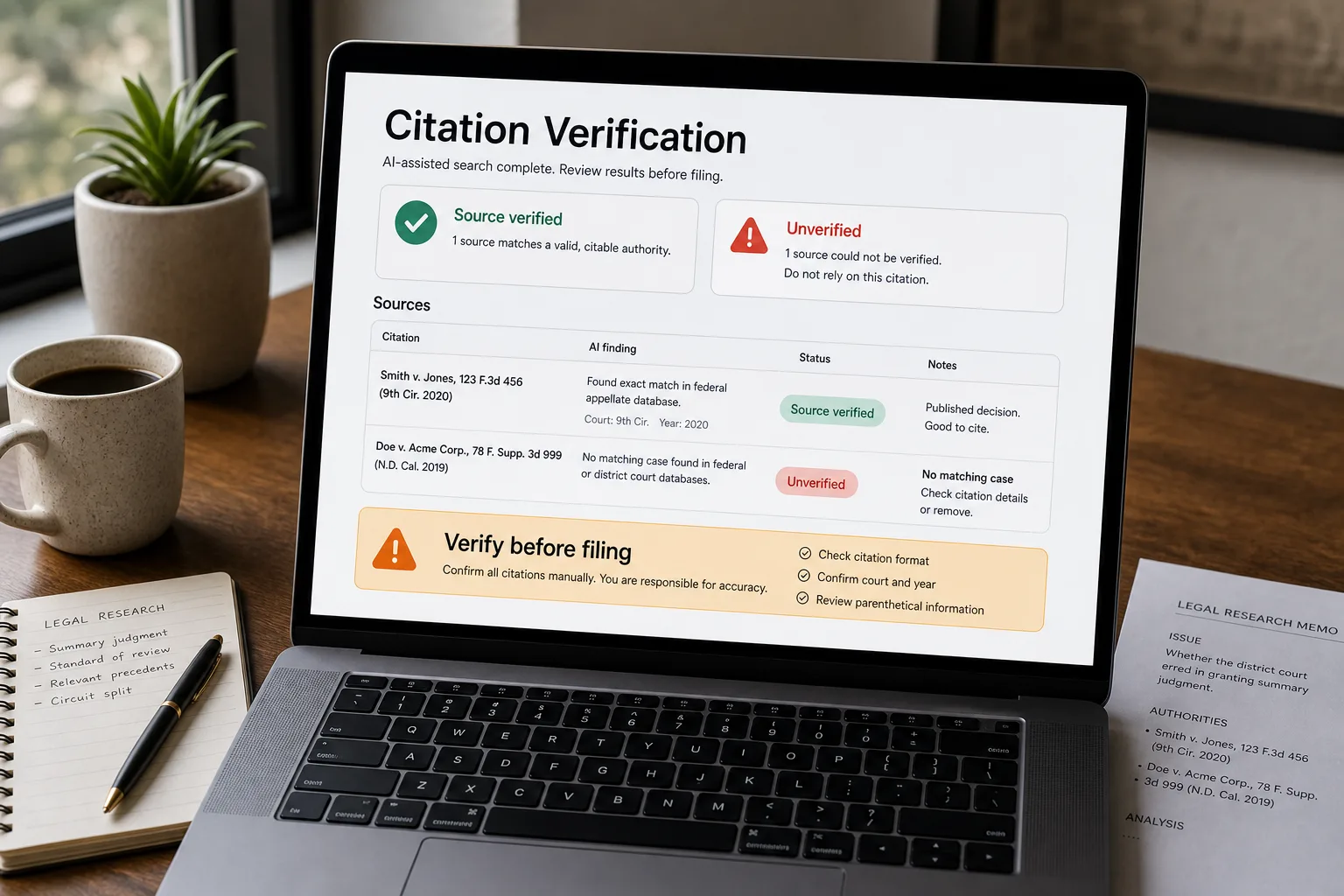 Over-the-shoulder photo of a laptop showing an AI chat answer listing three legal case citations, the third flagged in an amber band reading "Unverified — no matching case found," beside an open yellow legal pad, a pen, and a coffee mug on a sunlit desk.