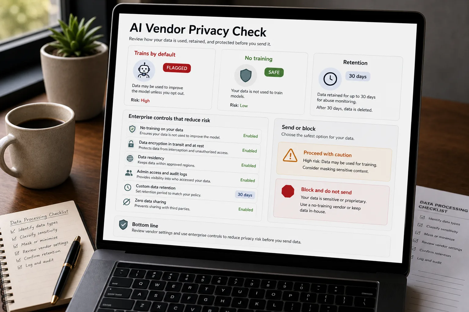 Over-the-shoulder photo of a laptop showing an AI vendor privacy decision screen titled "Before you send: what trains on what," listing ChatGPT, Claude and Gemini consumer tiers flagged "Trains by default," with a flagged note about Claude's 5-year retention, beside a printed checklist on a tidy desk.