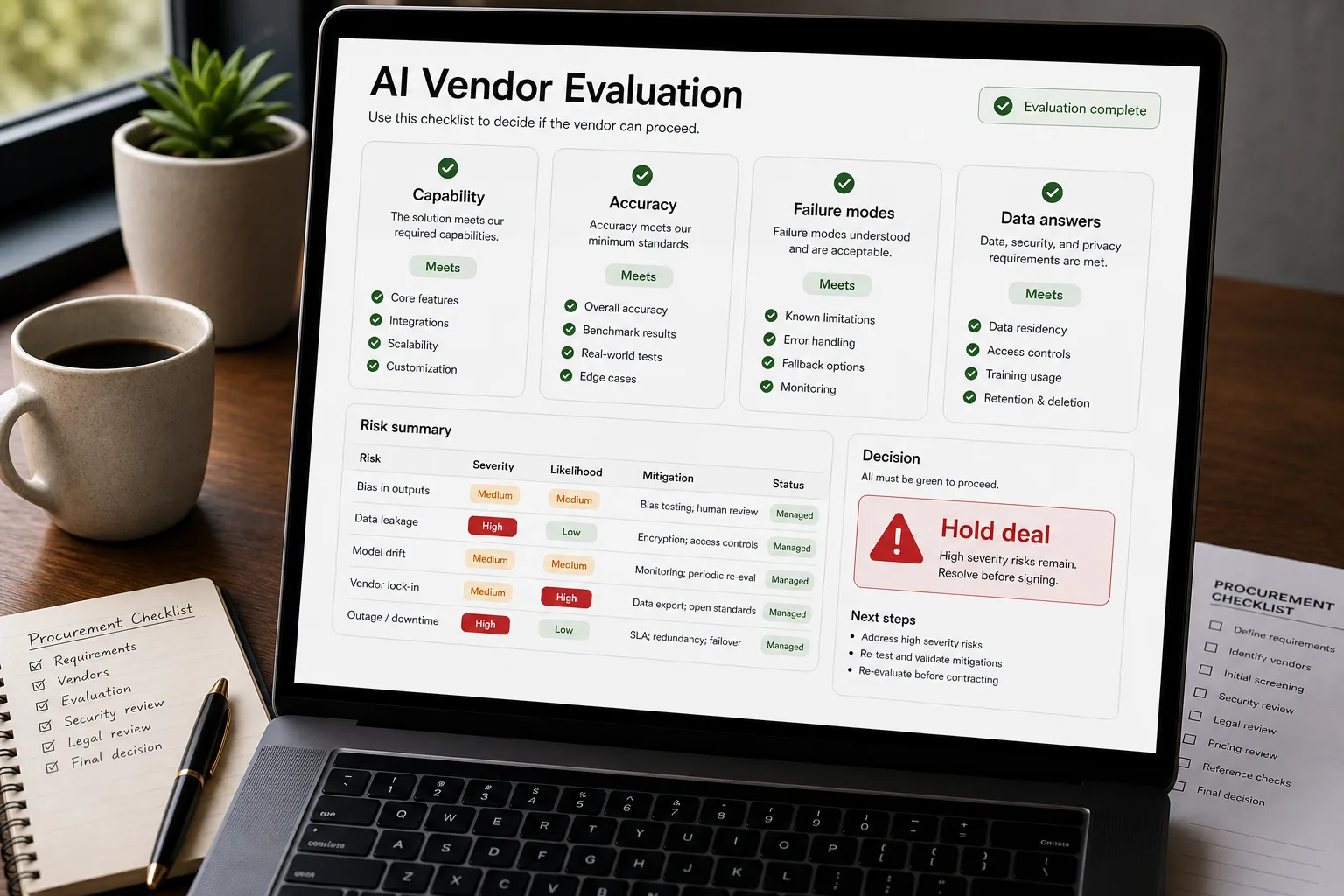 A laptop on a tidy desk showing a completed AI vendor procurement checklist titled "AI vendor evaluation — Acme Support AI," with capability and data rows marked PASS and the "Used to train vendor's models?" data row marked in red as "FLAGGED — won't answer in writing," and a verdict banner reading "Hold — data red flag must clear before signing."