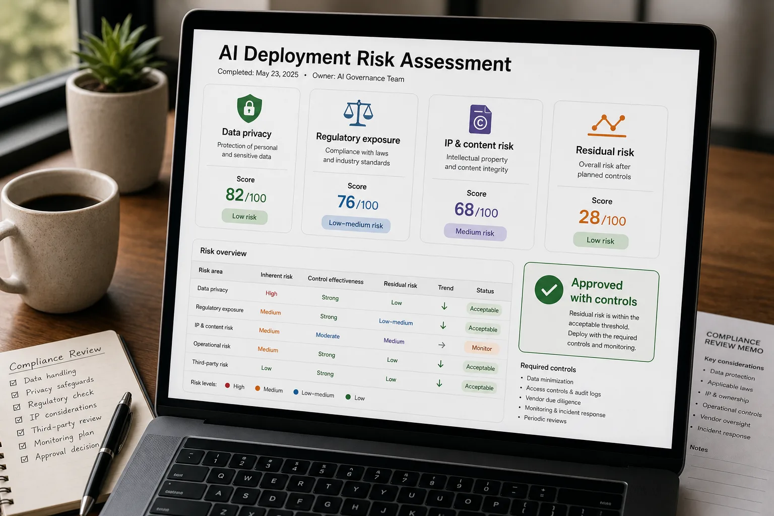 Laptop on a tidy desk showing a completed AI deployment risk scorecard with five axes scored low, medium or high and a verdict reading "Approved with controls."