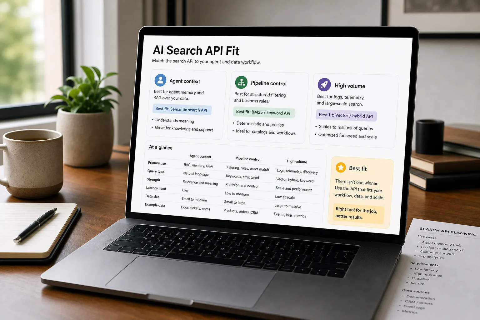 An over-the-shoulder photo of a laptop on a tidy wooden desk showing an "AI search API — best fit by use case" decision screen, five named APIs each matched to its own winning scenario with a per-row best-fit tag, beside a printed pricing-per-1,000-queries sheet.