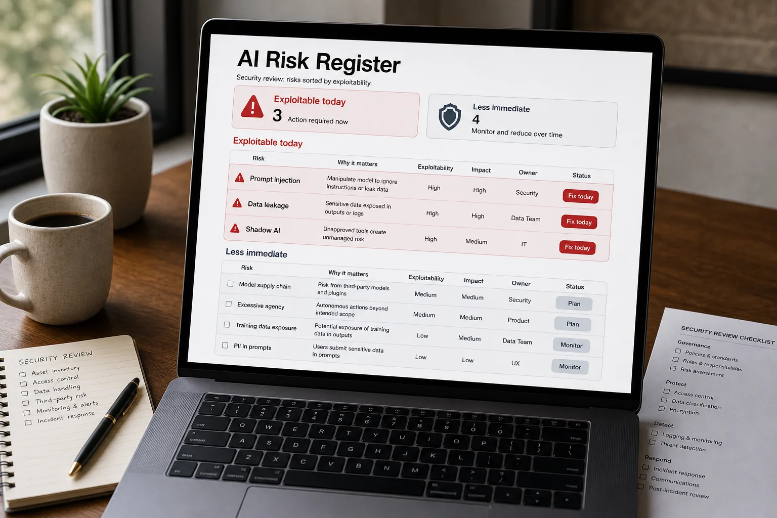 A laptop on a tidy desk showing an AI security review screen titled "AI risk register — calibrated by exploitability," with an "Exploitable today" column listing "Prompt injection," "Sensitive data leakage," "Shadow AI" and a separate "Possible, not yet widespread" column, the top prompt-injection row flagged red.