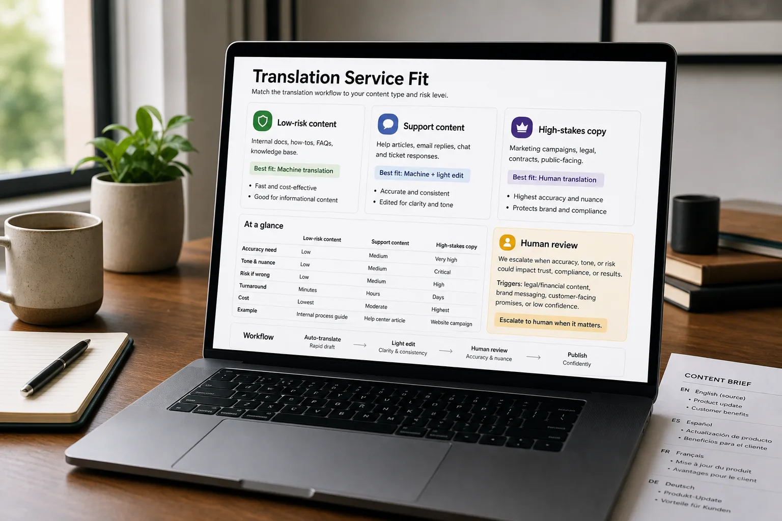 A laptop on a tidy desk showing a translation-tool decision screen titled "What to actually use," listing DeepL, GPT or Claude, Google or Amazon, and a human translator, each matched to a use case, beside printed French marketing copy.
