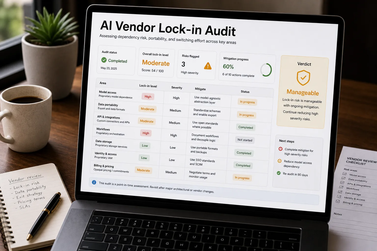 Laptop on a tidy desk showing an "AI Vendor Lock-in Audit" with four rows — Model API, Capability, Embedding-space, Customisation — each given a severity and a verdict (Mitigate / Accept if unique / Mitigate early / Accept), beside a printed vendor list and a 6-month calendar reminder.