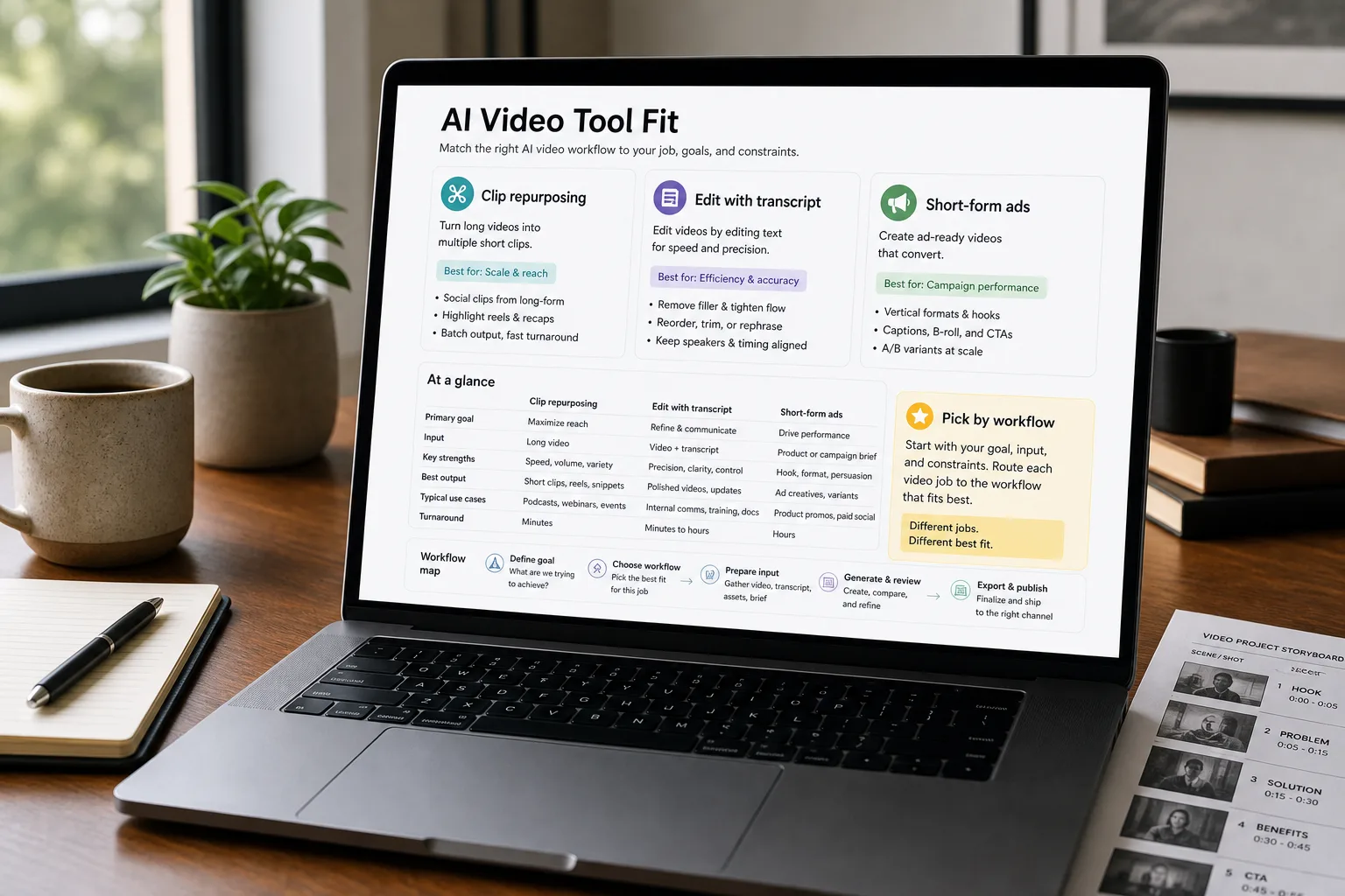 Over-the-shoulder photo of a laptop showing a "Best AI video tool by workflow" decision view, with four rows mapping Descript, Captions, Opus Clip, and Adobe Premiere AI each to the content type it wins.