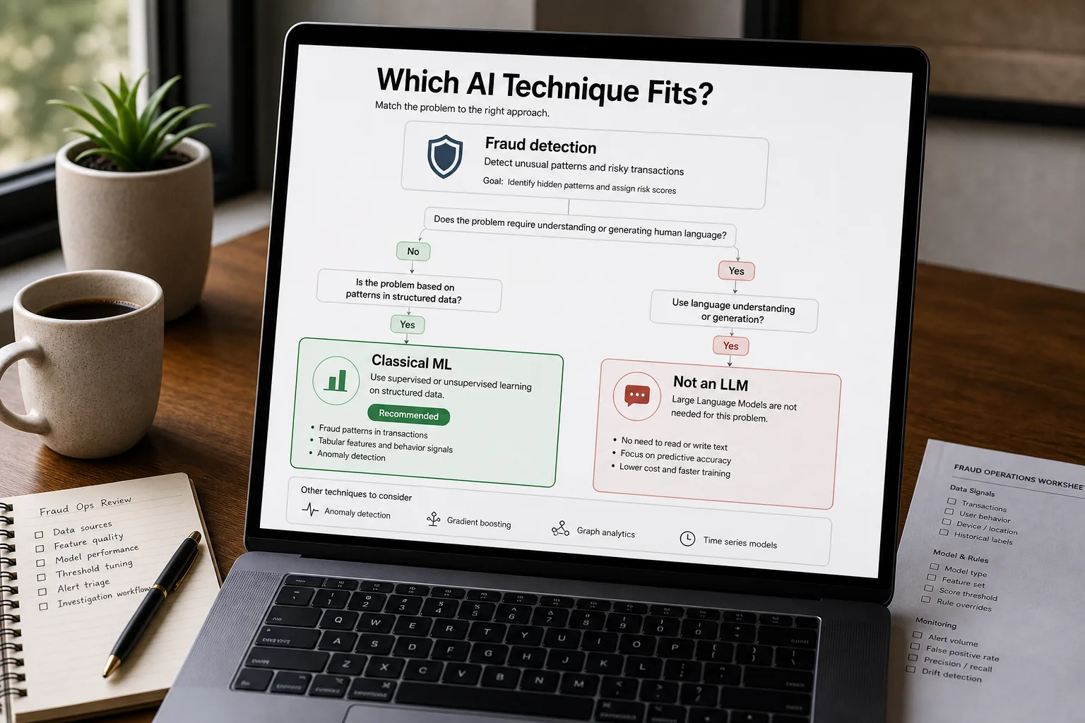 A laptop screen showing a "Which tool fits this problem?" decision view that routes a fraud-detection task to "Classical ML (XGBoost) — recommended" over an LLM, with a cost comparison, on a tidy desk.