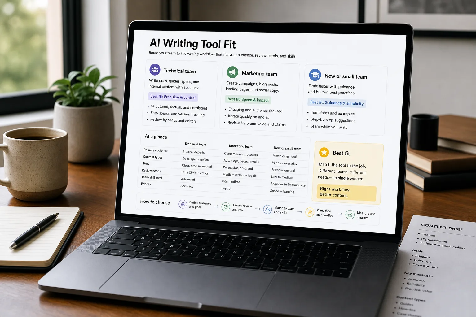 Over-the-shoulder photo of a laptop showing an AI writing tool decision view that recommends a best-fit tool per team type, with Claude Team / ChatGPT Team marked best fit for technical teams, beside a printed seat-pricing sheet on a tidy desk.