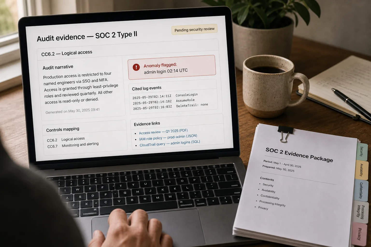 Over-the-shoulder view of a laptop showing a compliance audit-evidence screen for control "CC6.2 — Logical access", with a generated narrative paragraph, a red "Anomaly flagged" callout, and a list of cited log events; a printed SOC 2 evidence packet sits beside the laptop.