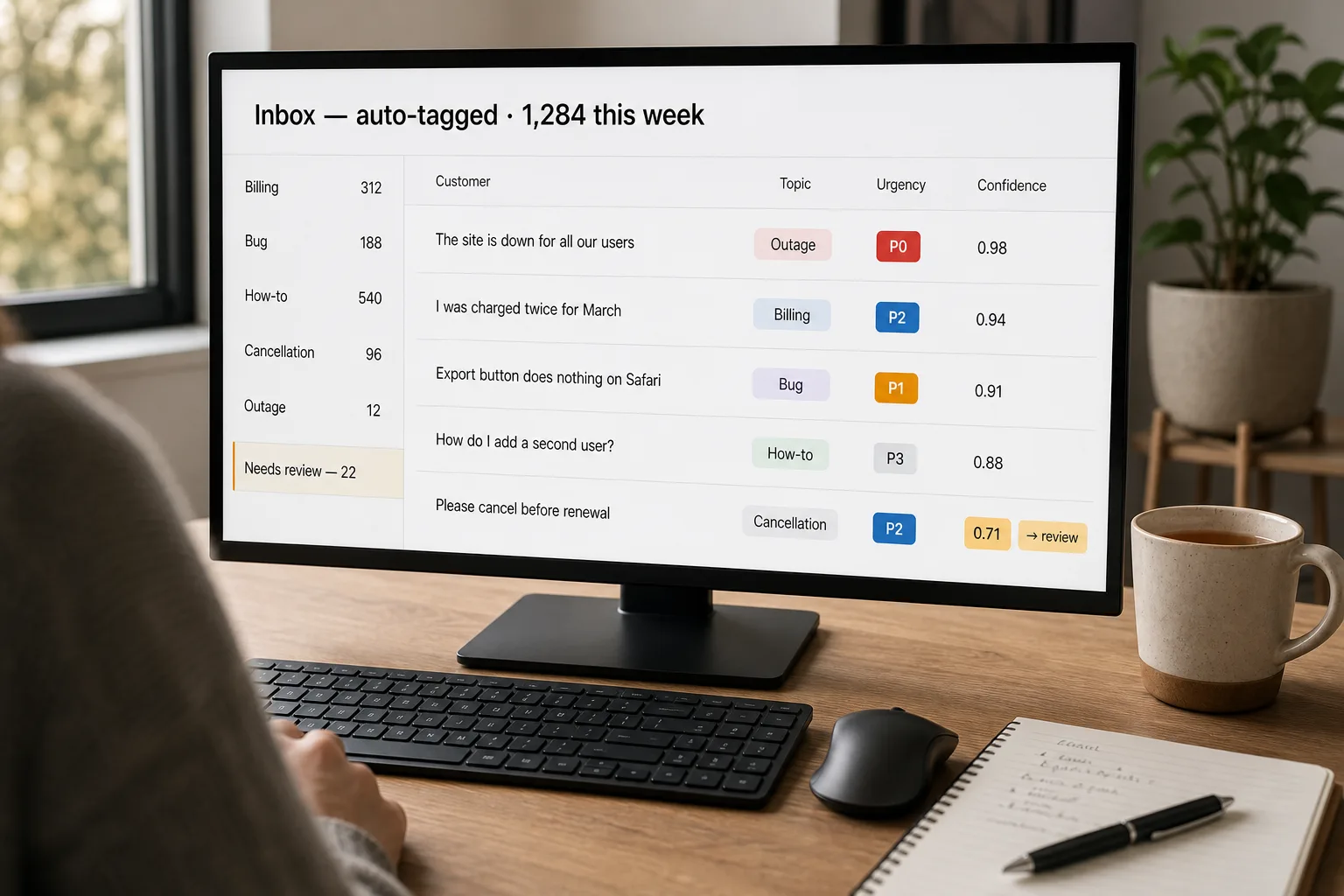 A support inbox on a monitor where each incoming ticket has an auto-assigned topic tag, a P0–P3 urgency level, and a confidence score, with low-confidence tickets routed to a small human-review queue shown in the side rail.