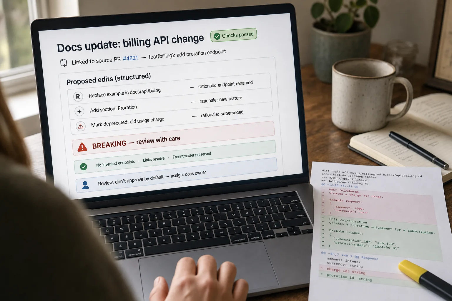 An over-the-shoulder photo of a laptop showing an auto-drafted documentation pull request titled "Docs update: billing API change", linked to source PR number 4821, with a structured edit-list, per-edit rationale, passed validation checks, and a review request to the docs owner.