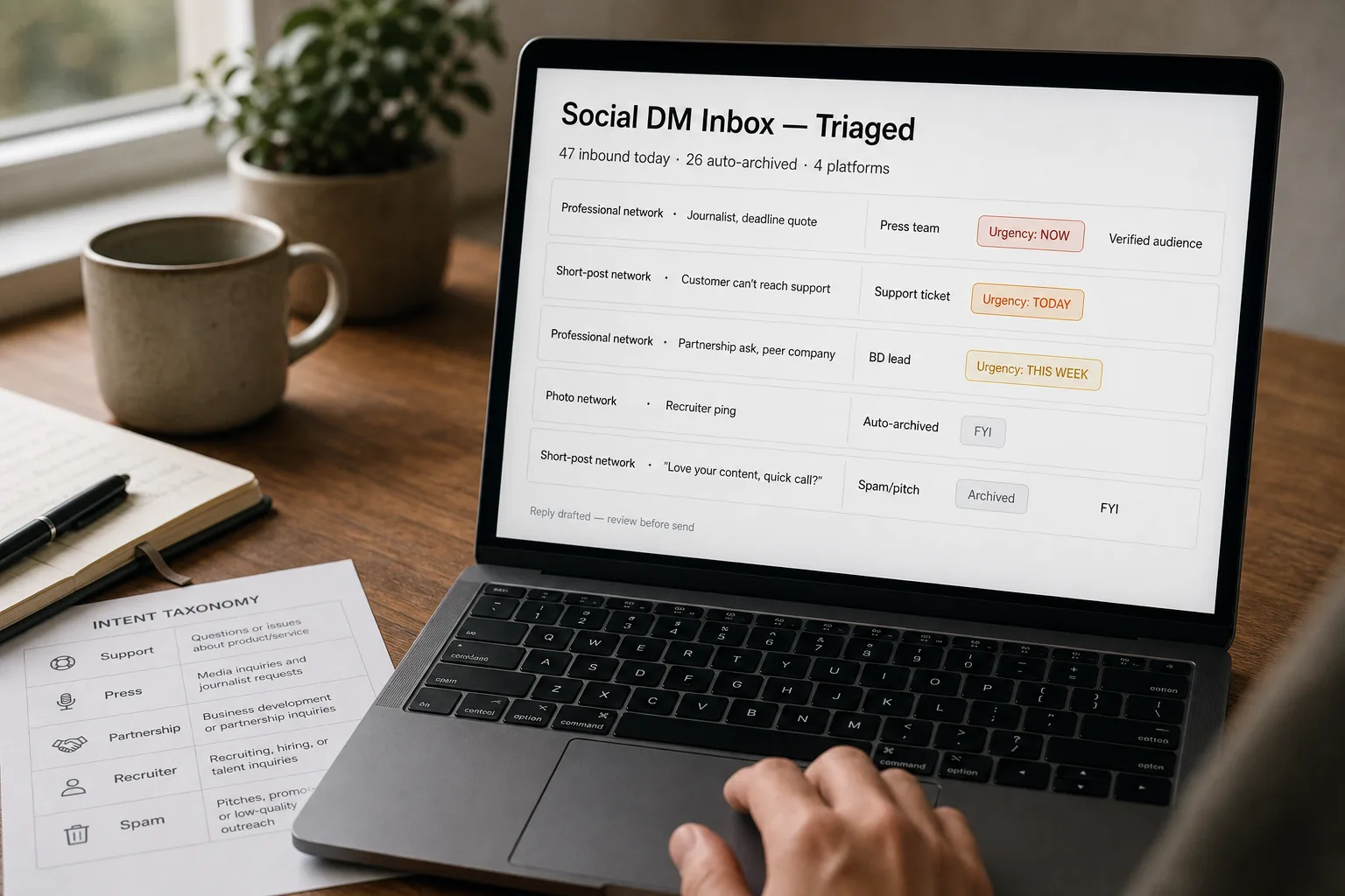 Over-the-shoulder photo of a laptop showing a triaged social-DM inbox where inbound messages from LinkedIn, X and Instagram are tagged by intent, urgency and sender priority and routed to support, press and BD, with low-value messages auto-archived.