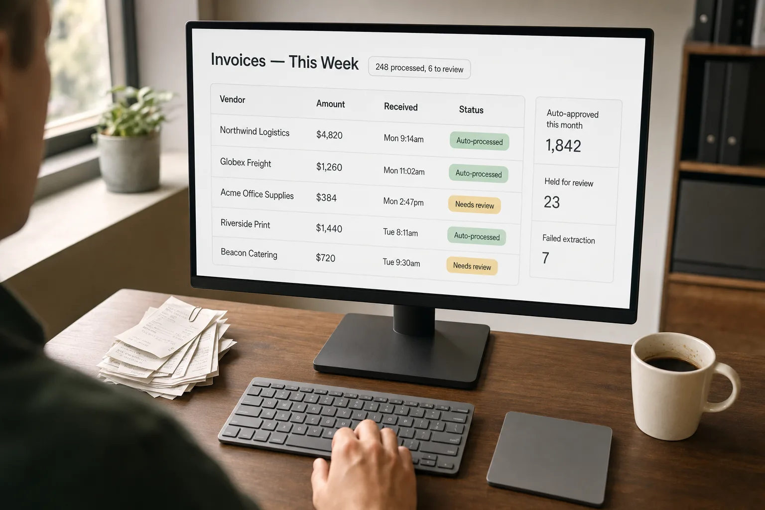 An accounting dashboard on a monitor showing invoices auto-processed and posted to the ledger, with status badges, one invoice expanded to its line items, and a small queue of exceptions flagged for human review.