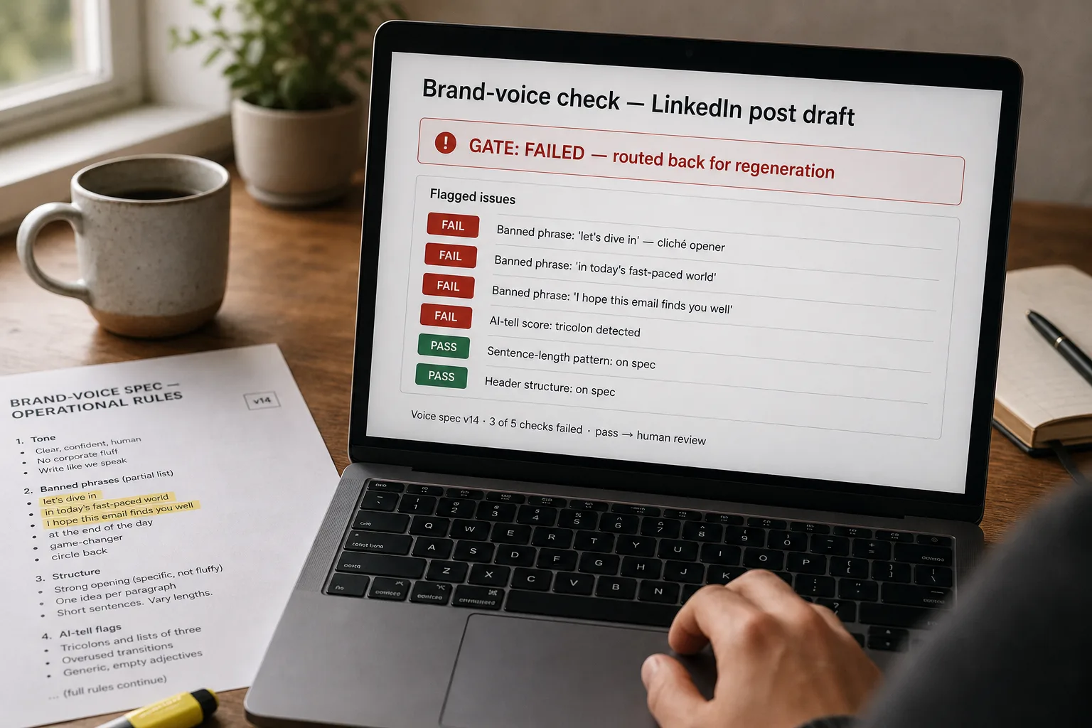 A laptop screen showing a brand-voice validator report on a LinkedIn draft, the gate marked Failed with three banned phrases and a tricolon flagged and routed back for regeneration, beside a printed versioned brand-voice spec.