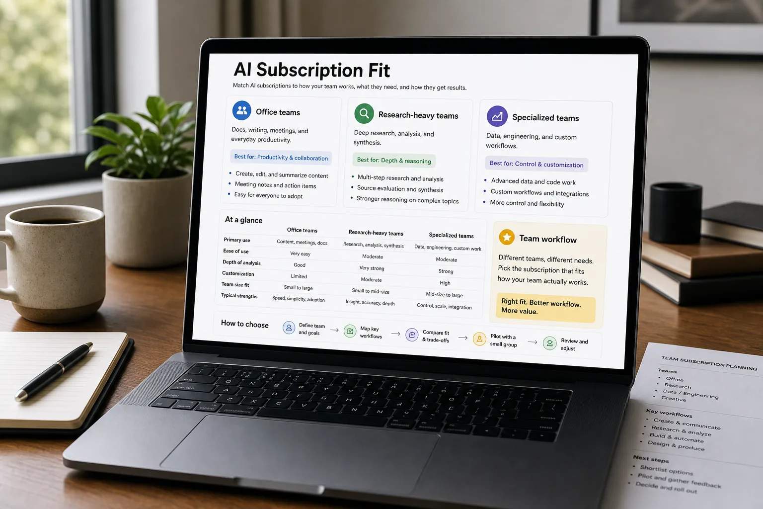 A laptop on a tidy desk showing an AI subscription decision view: three named plans each tagged with the team type they best fit and their per-seat price, next to a printed procurement shortlist.