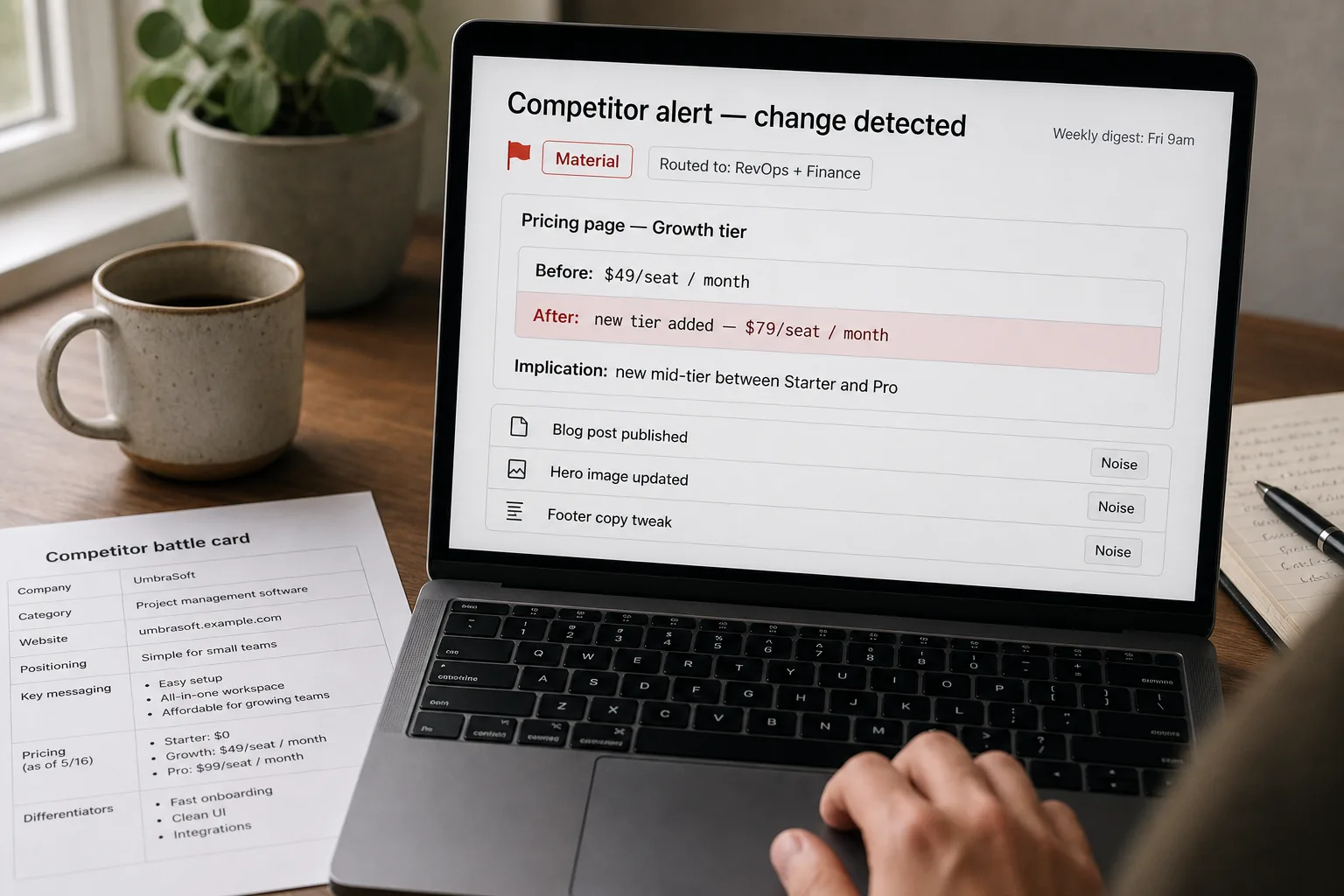 A laptop on a tidy desk showing a competitor-monitoring alert: a pricing change flagged "Material" and routed to "RevOps + Finance", with verbatim before/after price quotes and a dimmer feed of lower-priority changes marked "Noise".