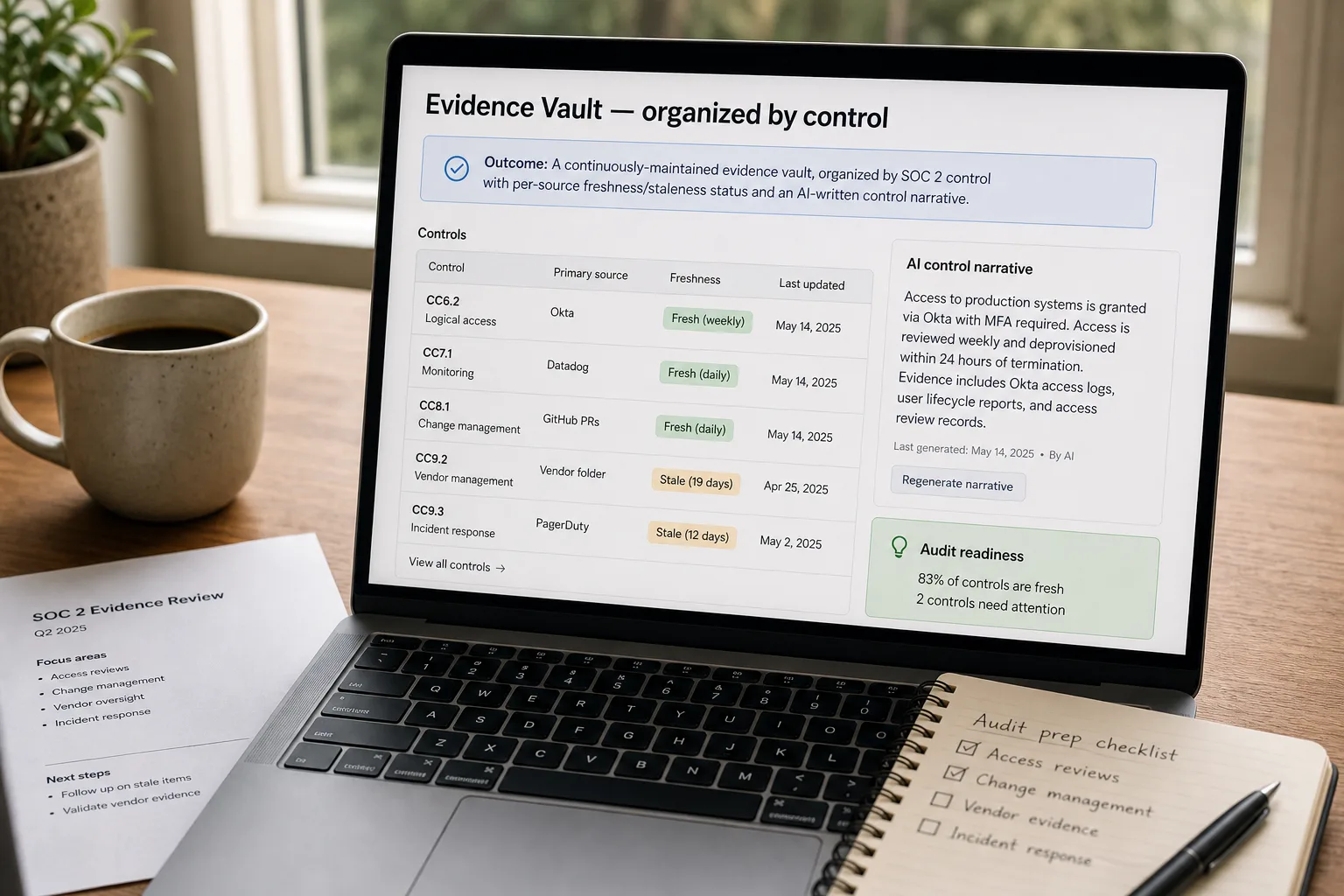 Laptop screen showing a compliance evidence vault organized by SOC 2 control, each row with a source, a fresh or stale status, and an AI-generated control narrative paragraph.