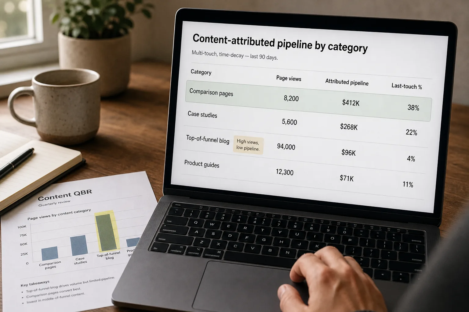 A laptop on a tidy desk showing a content attribution report titled "Content-attributed pipeline by category," a table ranking categories by attributed pipeline where a low-traffic comparison-pages category outranks a high-pageview blog category.