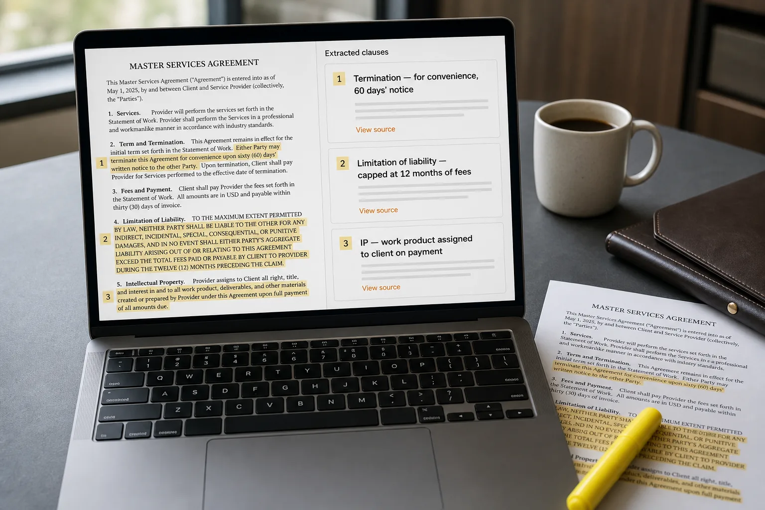 A laptop showing a contract PDF with three clauses highlighted, alongside a side panel listing the extracted clauses by type — termination, liability, IP — with short summaries.