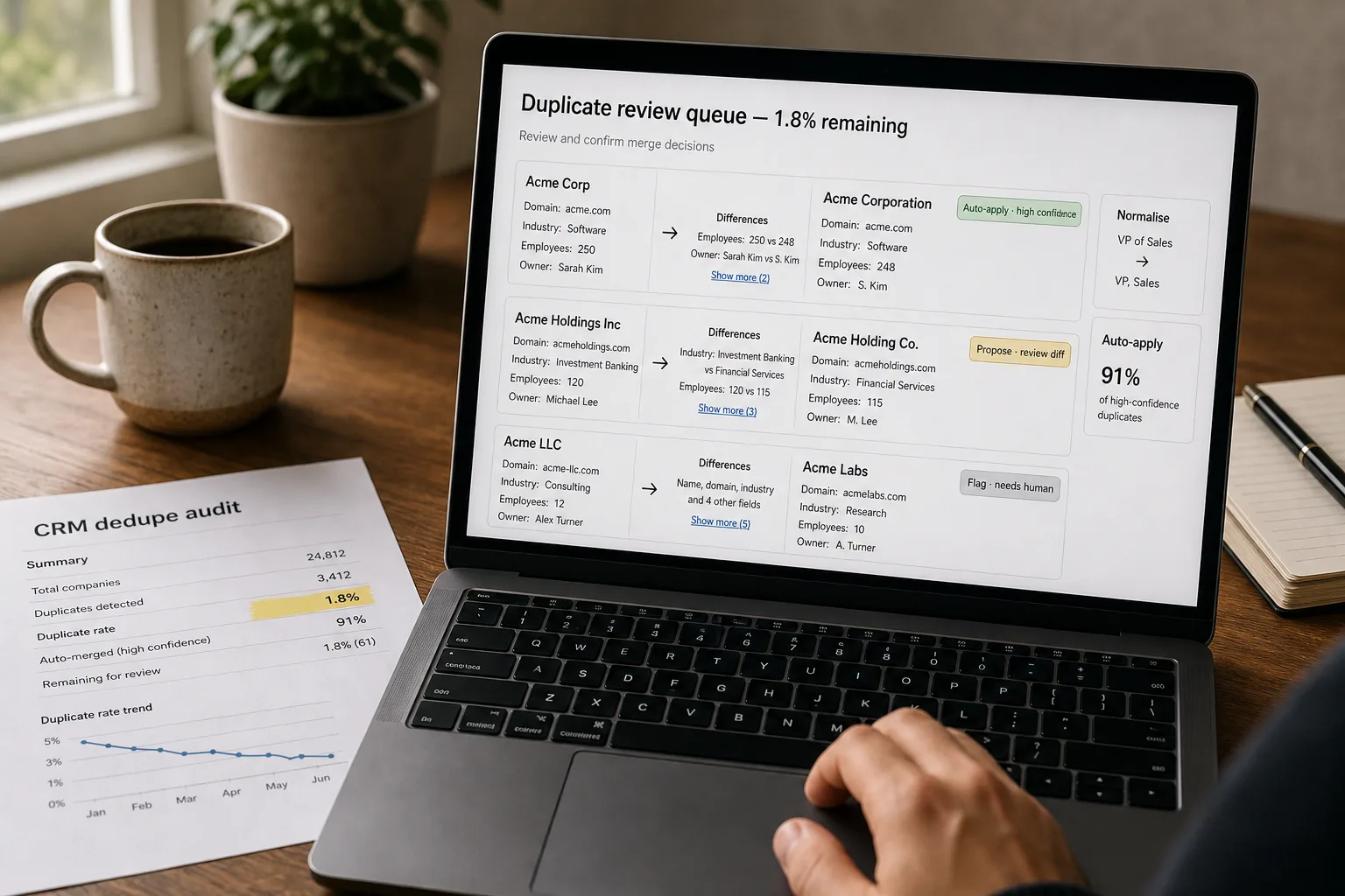 Over-the-shoulder photo of a laptop showing a CRM duplicate-review queue: an "Acme Corp / Acme Corporation" merge pair with a side-by-side diff, each row tagged Auto-apply, Propose, or Flag by confidence, beside a printed dedupe audit sheet.