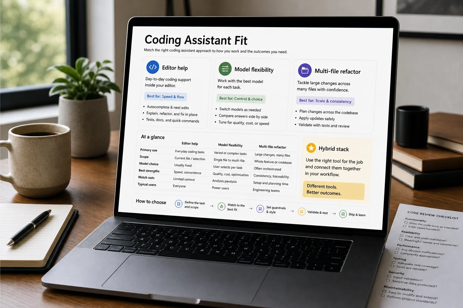 A developer's screen showing a tool-decision panel headed "Pick your coding assistant" with three options — GitHub Copilot, Cursor, Claude Code — each tagged with a best-fit use case, plus a recommended hybrid stack at the bottom.