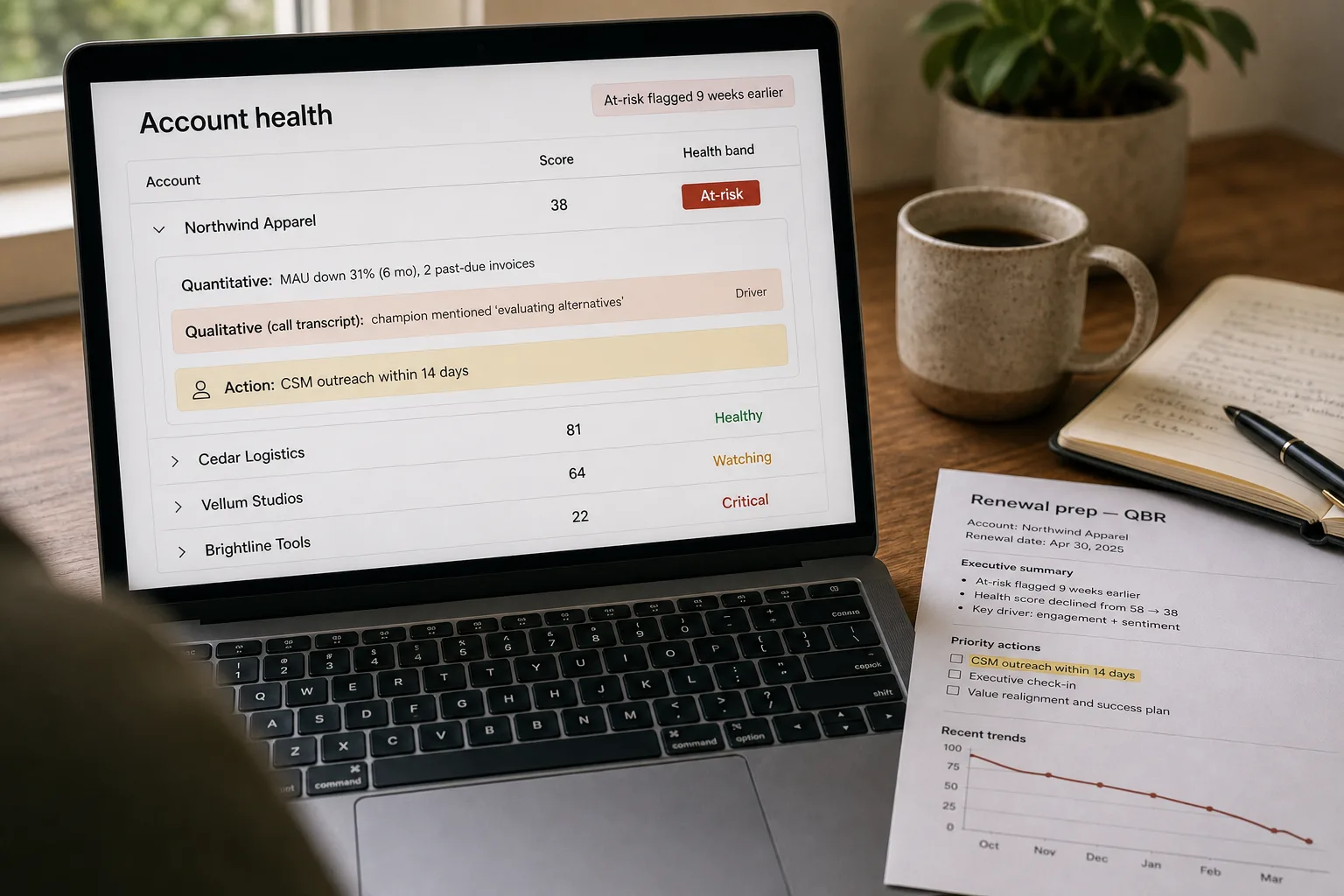 A customer-success dashboard on a laptop showing a list of accounts with health-score bands, one account expanded to reveal a negative call-transcript signal alongside the numeric signals and a routed CSM outreach action.