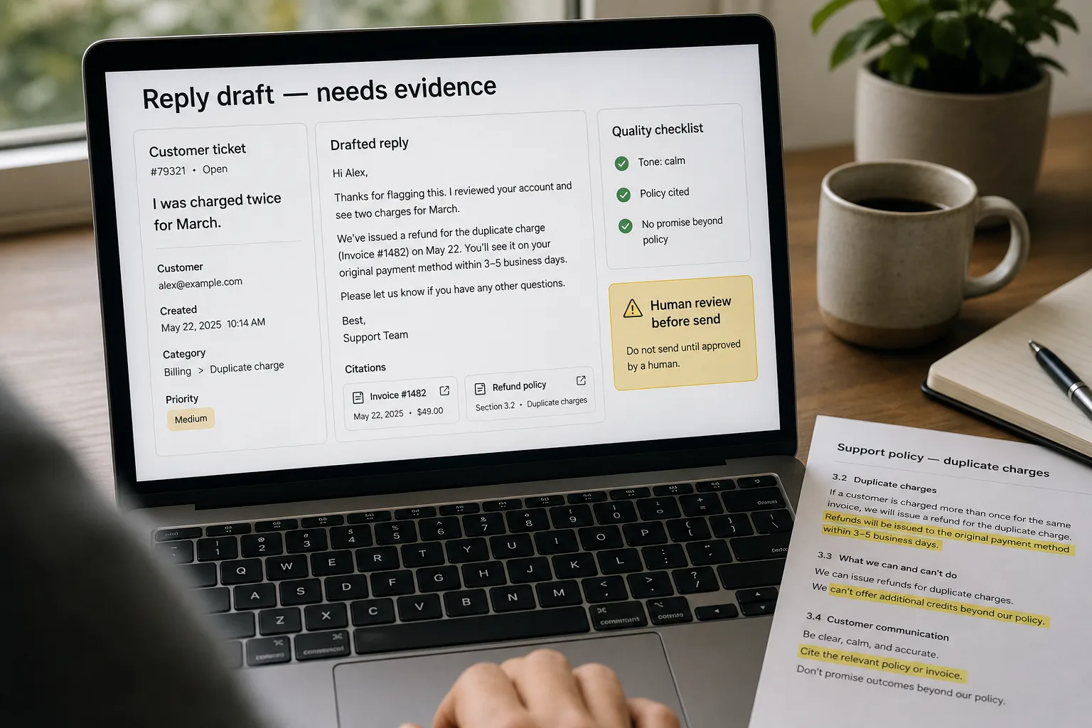 Over-the-shoulder view of a support helpdesk screen: a suggested AI-drafted reply with a 0.82 confidence score and KB citations on an "I was charged twice" ticket, and a flagged refund ticket marked "AI draft suppressed — routed to senior agent," beside a notebook listing escalation rules.