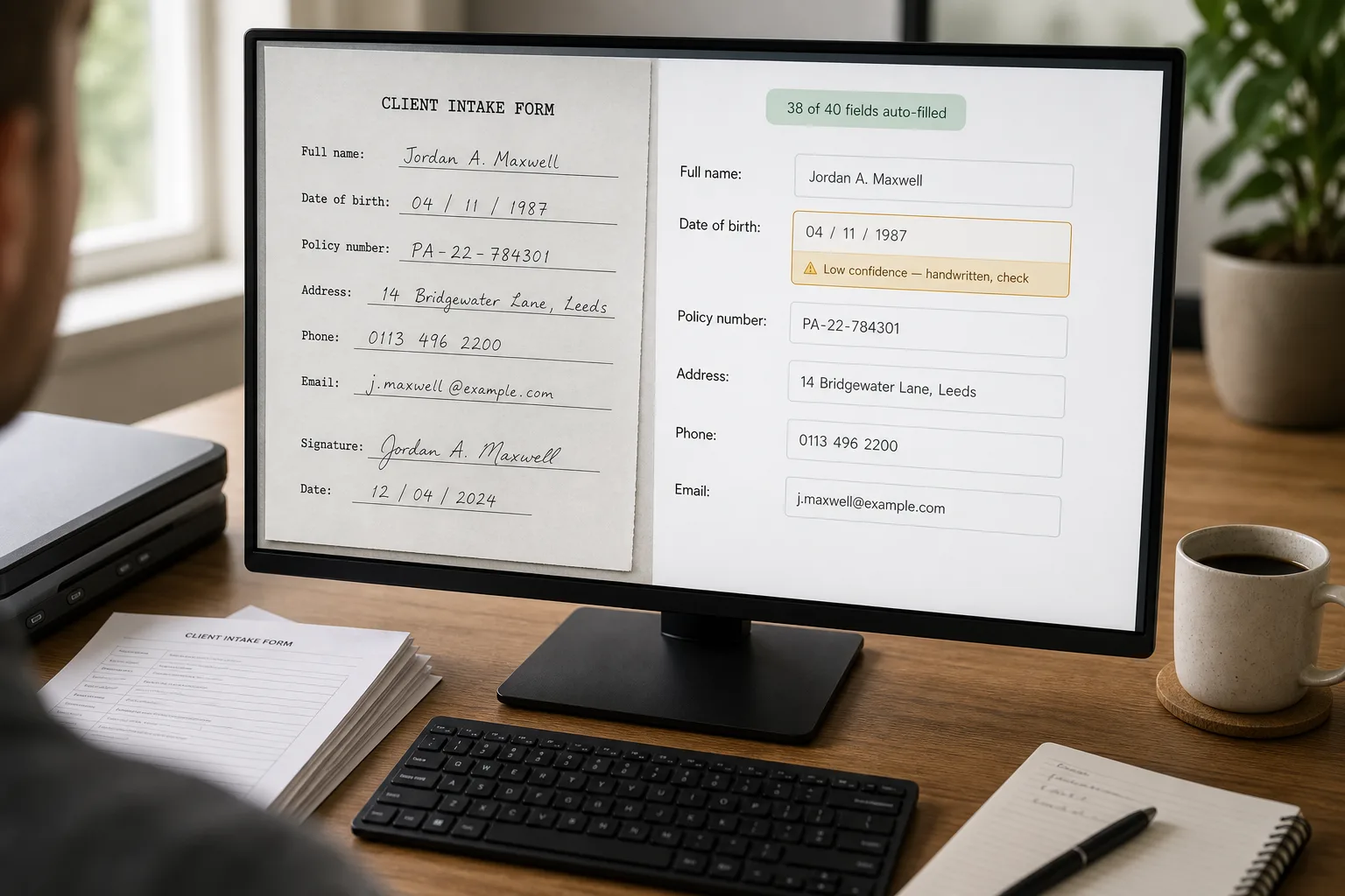 A monitor showing a scanned paper intake form on the left and the same fields auto-filled into a clean digital form on the right, with one handwritten field highlighted as low-confidence for review.
