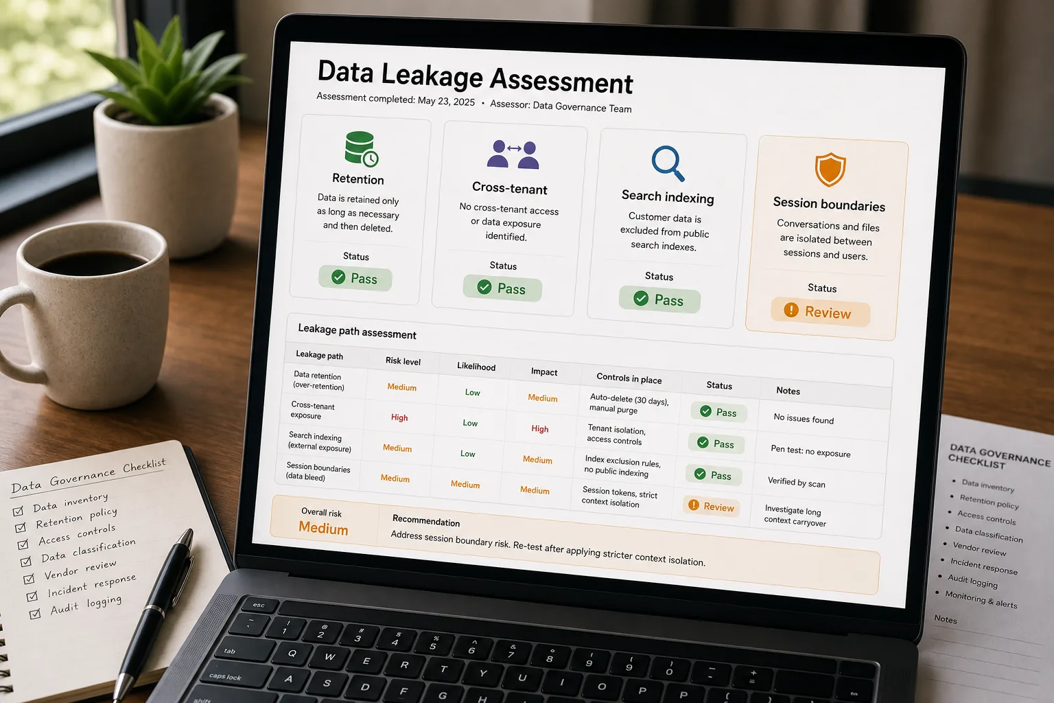 Over-the-shoulder photo of a laptop showing a "Data-leakage assessment" review screen. Six named leakage paths are listed with status marks: Training corpus, Retention, and Cross-tenant marked "OK", while Search-indexing, Session-level, and Employee-mediated are flagged for review. A printed AI acceptable-use policy and coffee mug sit on a tidy desk in soft window light.