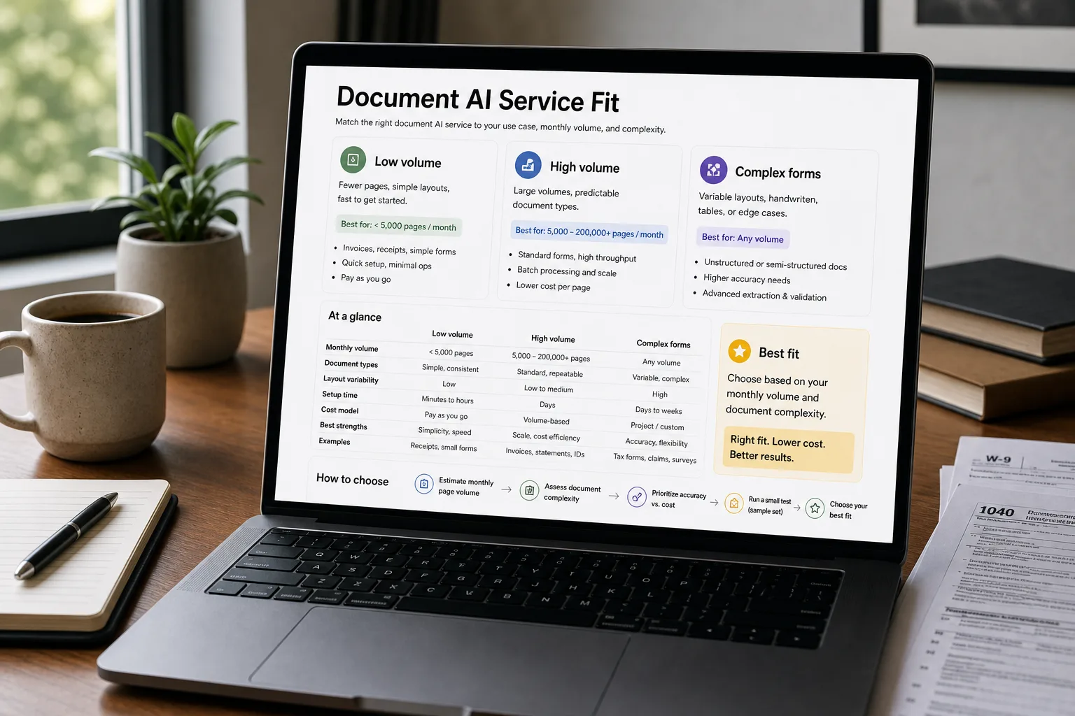 Over-the-shoulder photo of a laptop showing a document AI service decision view: four volume tiers each recommending a different named service, with a stack of paper invoices beside the keyboard.