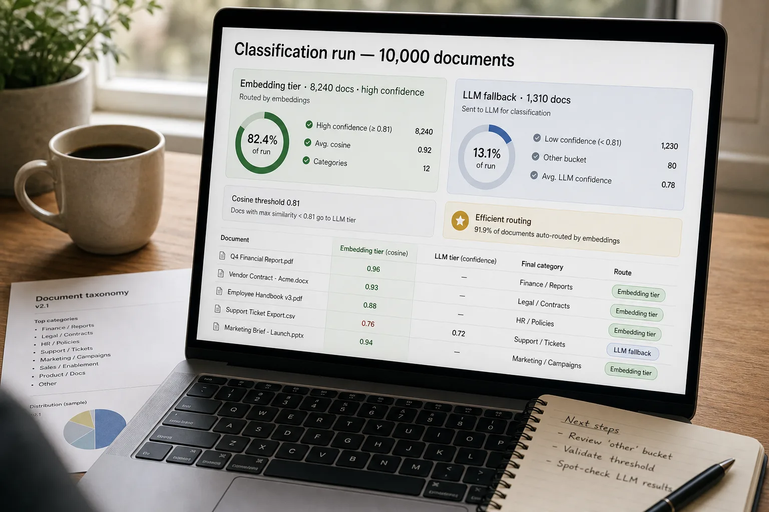 A laptop screen showing a document-classification dashboard where most files are routed by an embedding tier at high confidence and a small residual is sent to an LLM fallback tier, with a cosine threshold and an "other" bucket shown.