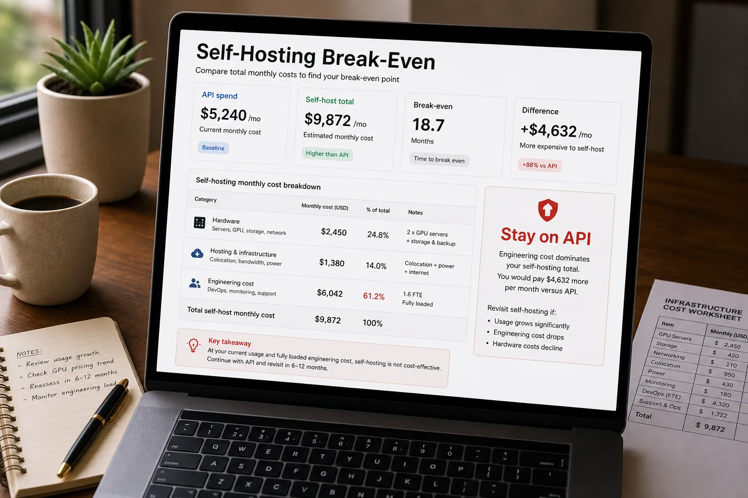 A laptop on a tidy desk showing a self-hosting break-even calculator: monthly API spend of $3,000 with a line reading "Engineering time exceeds the saving" and a verdict banner "Recommendation: Stay on API."