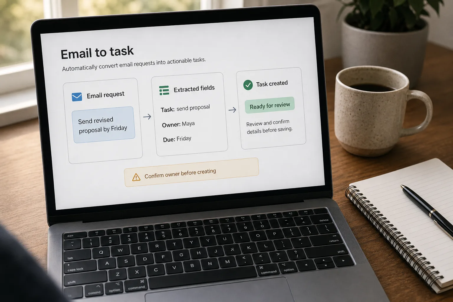 A laptop on a tidy desk showing a task-tracker board where tasks were auto-created from email, each with an owner, a due date, and a link back to the source email, plus a panel showing low-value emails the gate rejected.