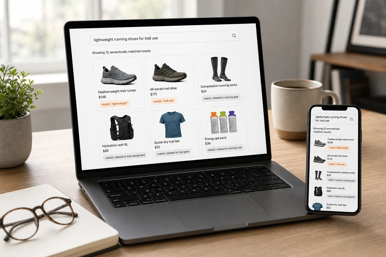 A monitor showing a product search where a query for "running shoes" surfaces semantically related items like trail gear and athletic socks — not just keyword matches — illustrating how embedding-based search works.