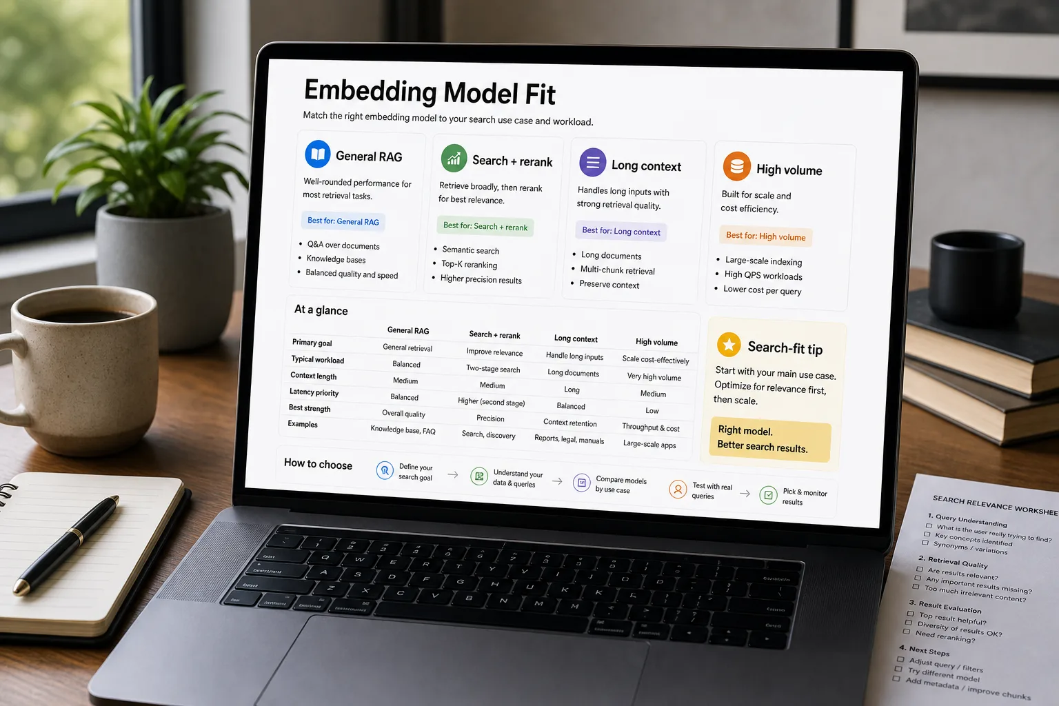 Over-the-shoulder photo of a laptop showing an embedding-model decision panel titled "Best fit by use case," listing five models each matched to a use case, with a sticky note about testing recall on your own data.