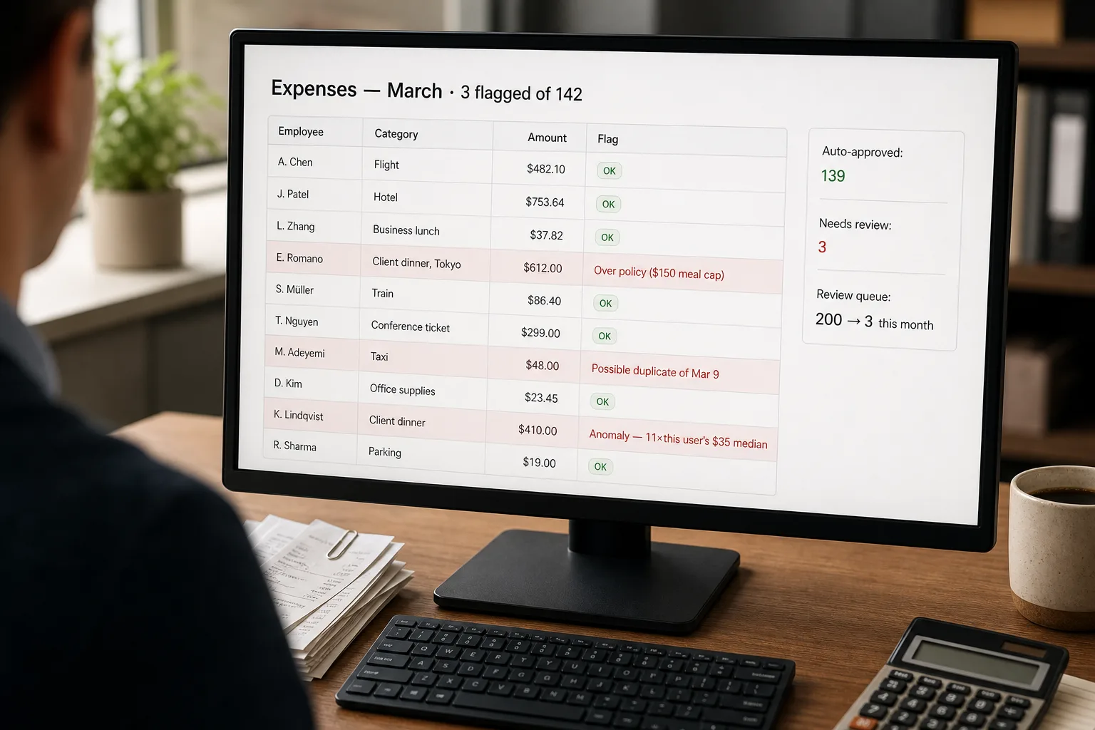 A monitor showing an expense report where an automated check has flagged three line items — an over-policy meal, a possible duplicate, and a per-user spending anomaly ($410 dinner against a $35 median) — each with a short reason.