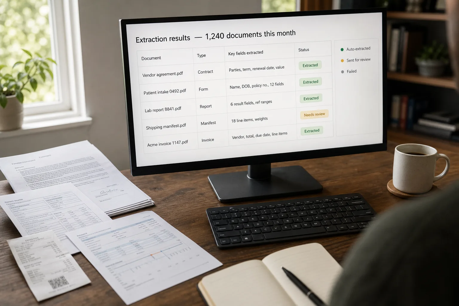 A monitor showing structured data extracted from a mix of PDF documents — a contract, a form, a lab report, an invoice — into clean labeled fields, with one record flagged for review, beside a stack of varied paper documents.
