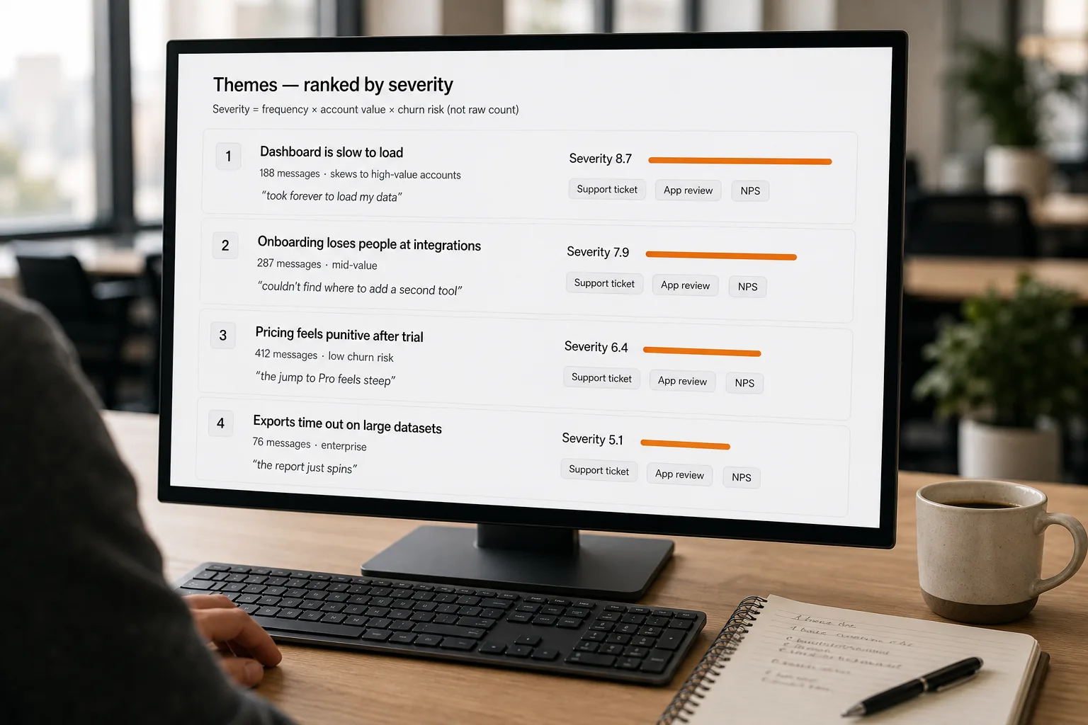 An analyst’s monitor showing customer-feedback themes ranked by a severity score that weights frequency by account value and churn risk — not raw message count — each theme with a representative verbatim quote and its source channels.