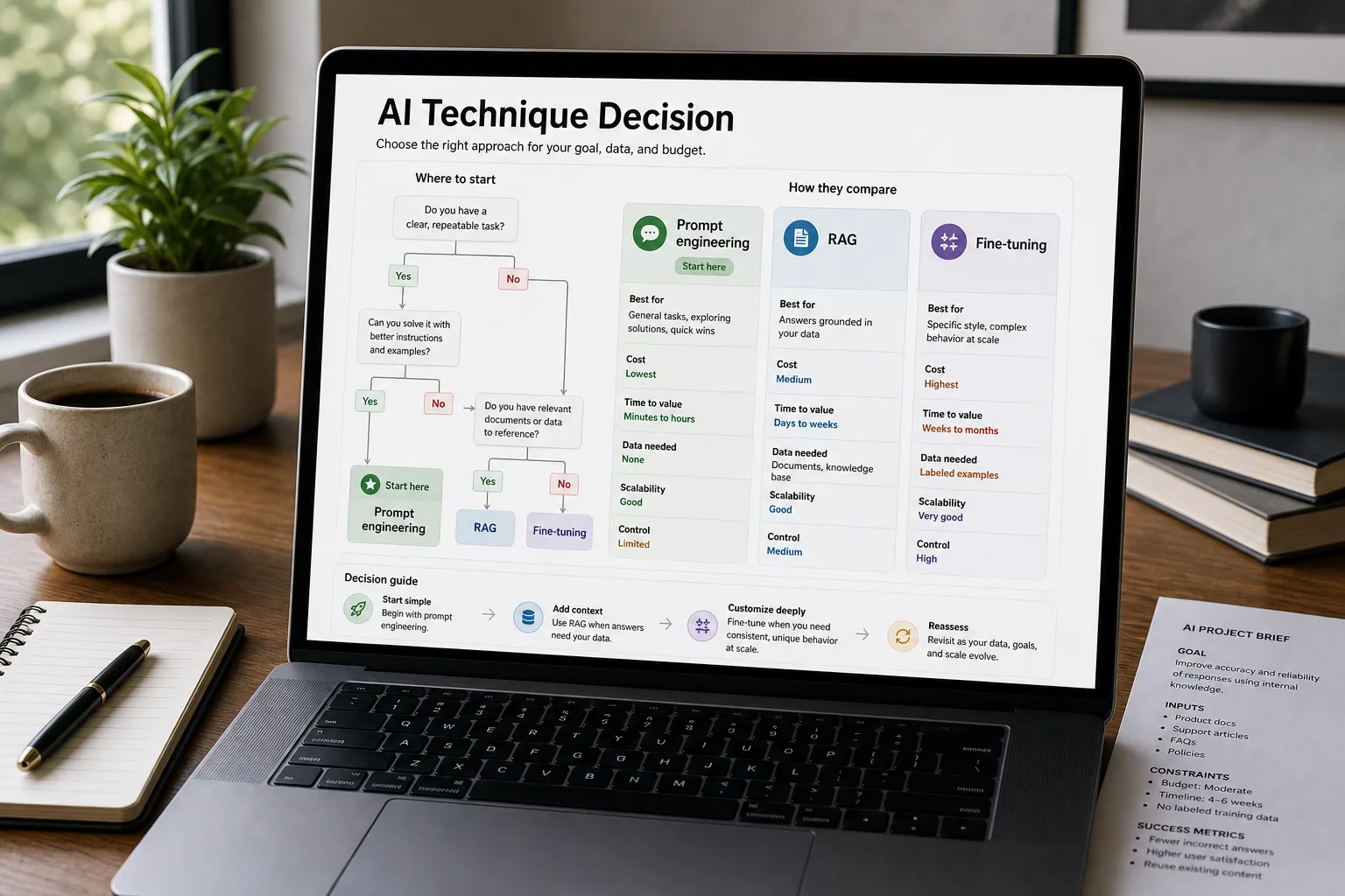A laptop screen showing a "Which technique should we use?" decision view listing prompt engineering, RAG, and fine-tuning in cost order, with prompt engineering marked "Start here" and a note that fine-tuning is almost always the wrong first move.