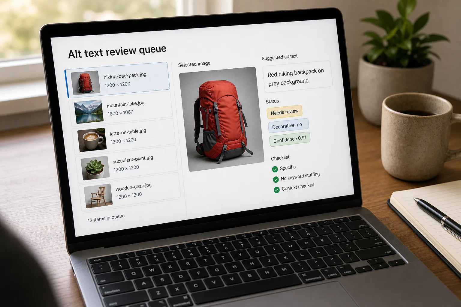 Over-the-shoulder photo of a laptop showing an alt-text review queue: image thumbnails each with a generated description and a character count, Approve and Edit buttons, one row accepted as-is, one flagged "NEEDS_REVIEW" and routed to a human, and one decorative image marked with empty alt text.