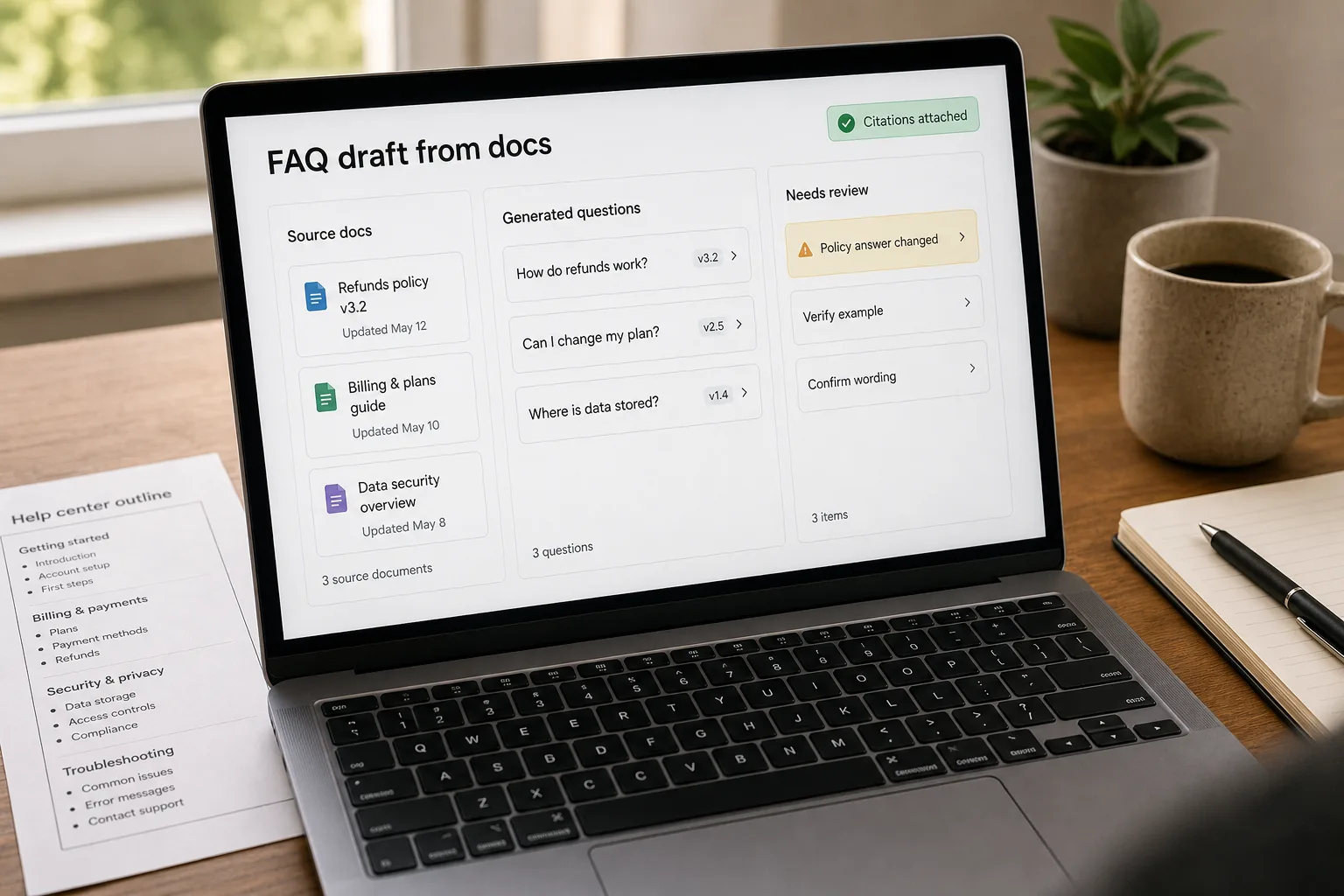 An over-the-shoulder photo of a laptop showing an FAQ-builder review screen. Clustered user questions are listed with frequency counts and source-doc citations; two rows are flagged "Needs docs first — no KB match." A printed support-ticket export sits beside the keyboard.
