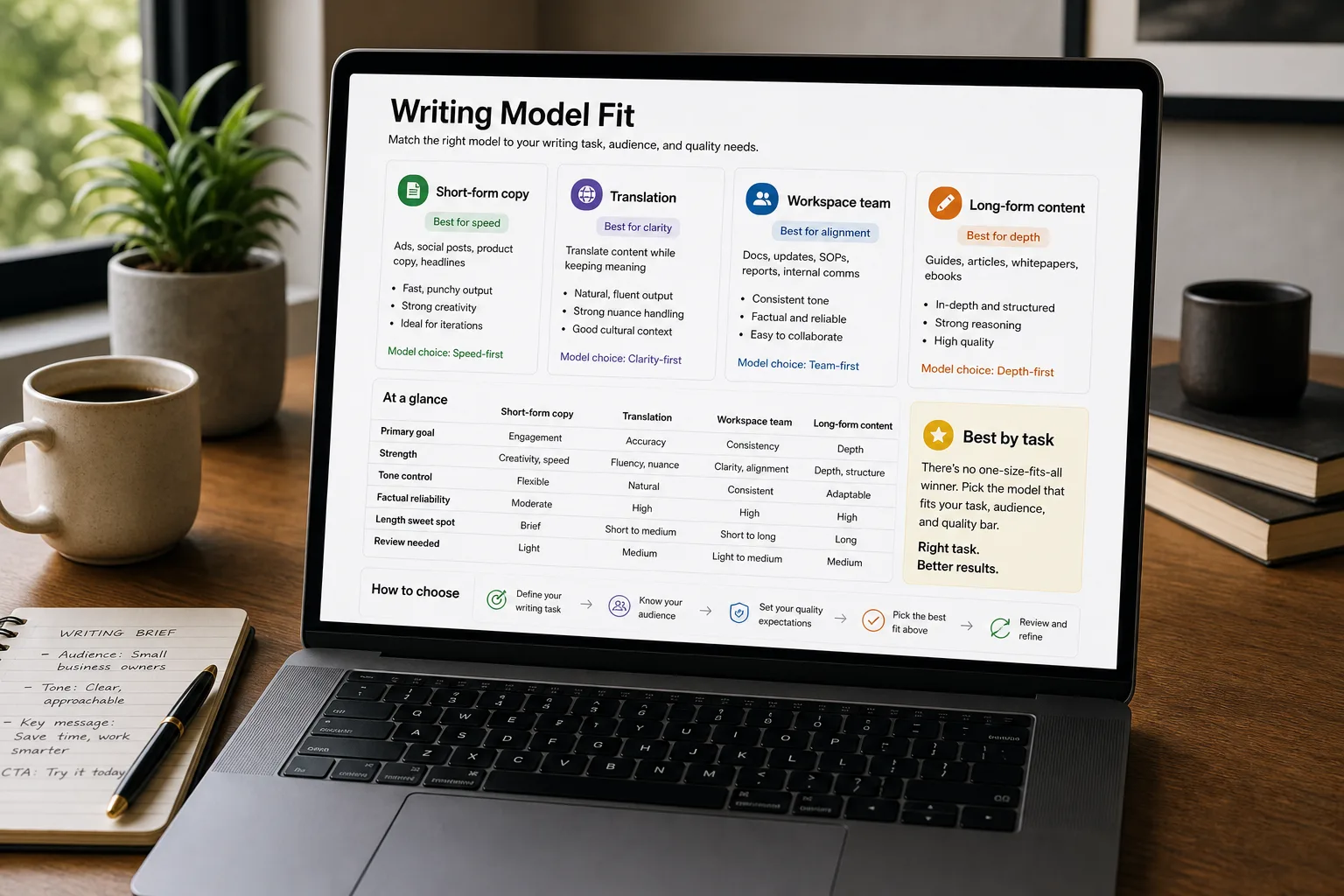 An over-the-shoulder photo of a laptop showing a clean "Best fit by task" decision panel that recommends a different AI writing tool for each job — long-form drafts and editing mapped to one pick, short-form copy to two, translation and a Google Workspace team to others — on a tidy desk with a printed shortlist, mug, and notebook.