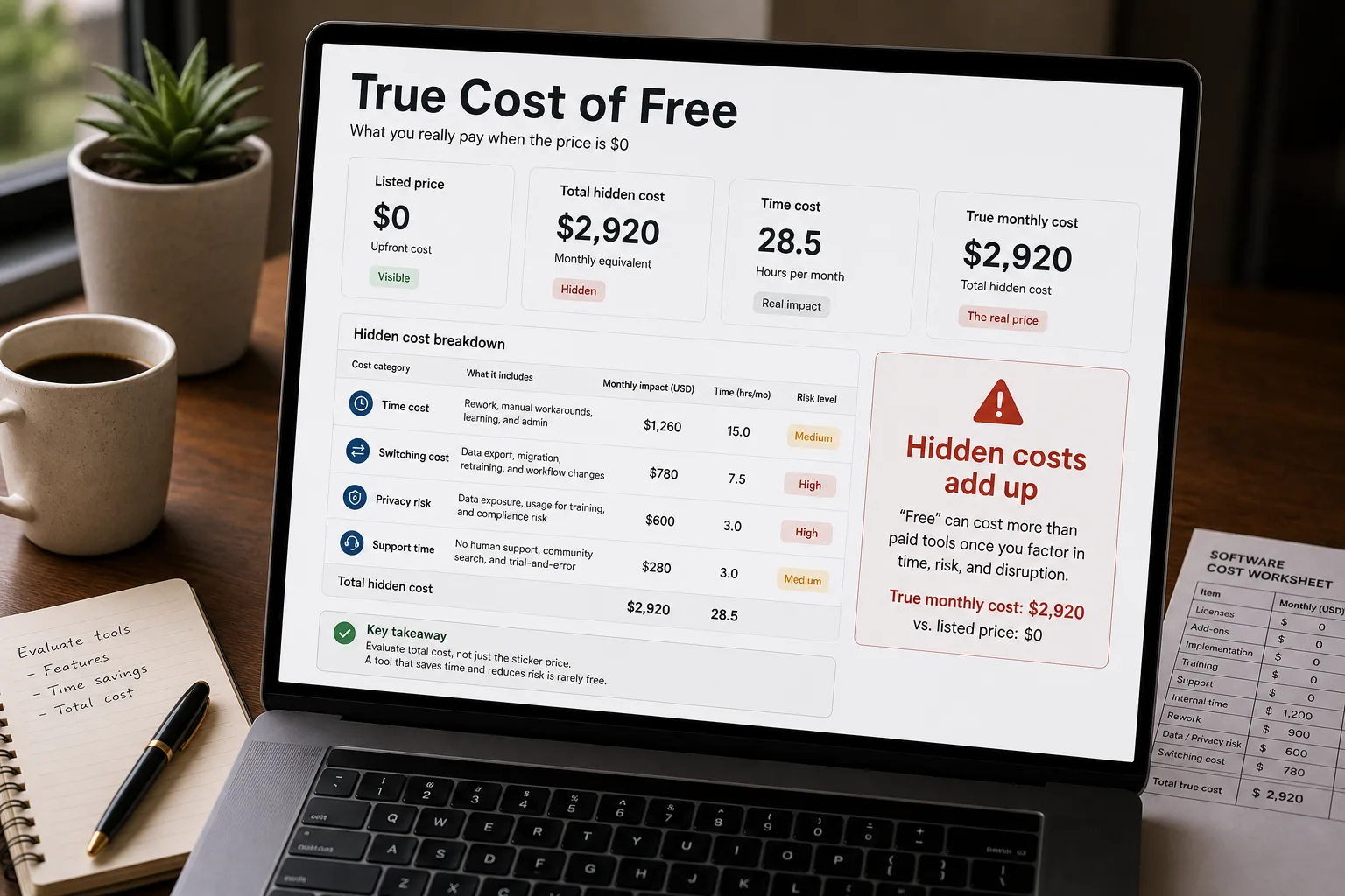 A laptop on a tidy desk showing a "True cost of 'free'" breakdown for a free AI tool, with four rows — Data, Switching cost, Time tax, Quality cap — each marked and annotated, beside a printed pricing page reading "$0 / month".