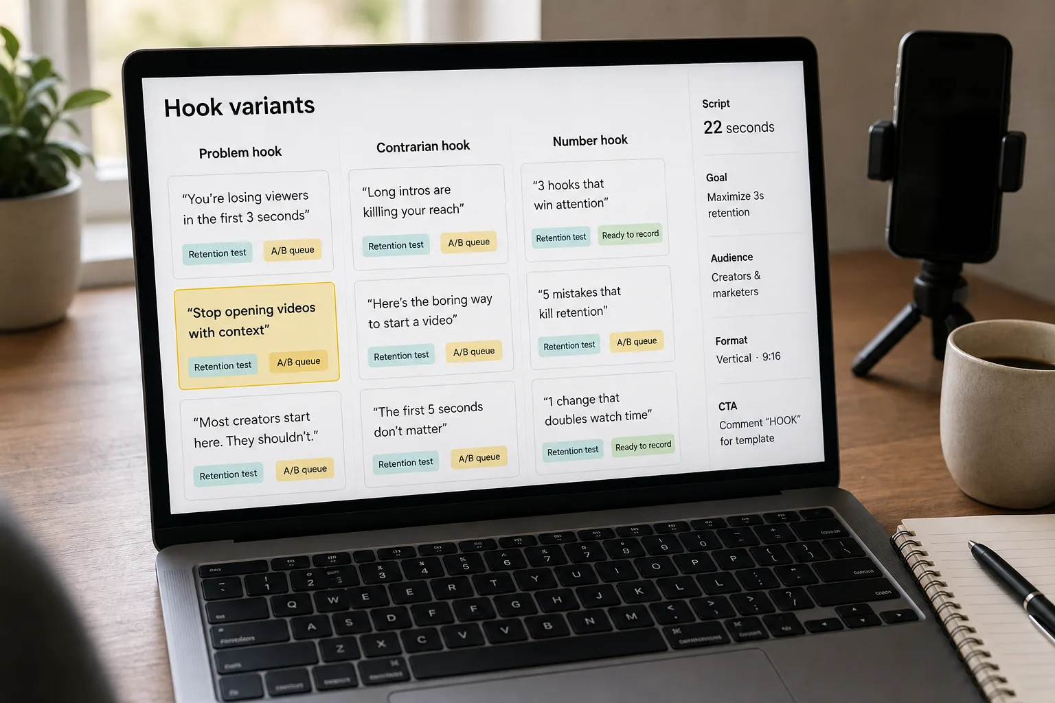 A laptop on a tidy desk showing a hook-generation tool: a scored list of short-form video hook variants each tagged with a pattern label, the generic "Hey guys" opener marked rejected and stronger variants kept with scroll-stop retention percentages.