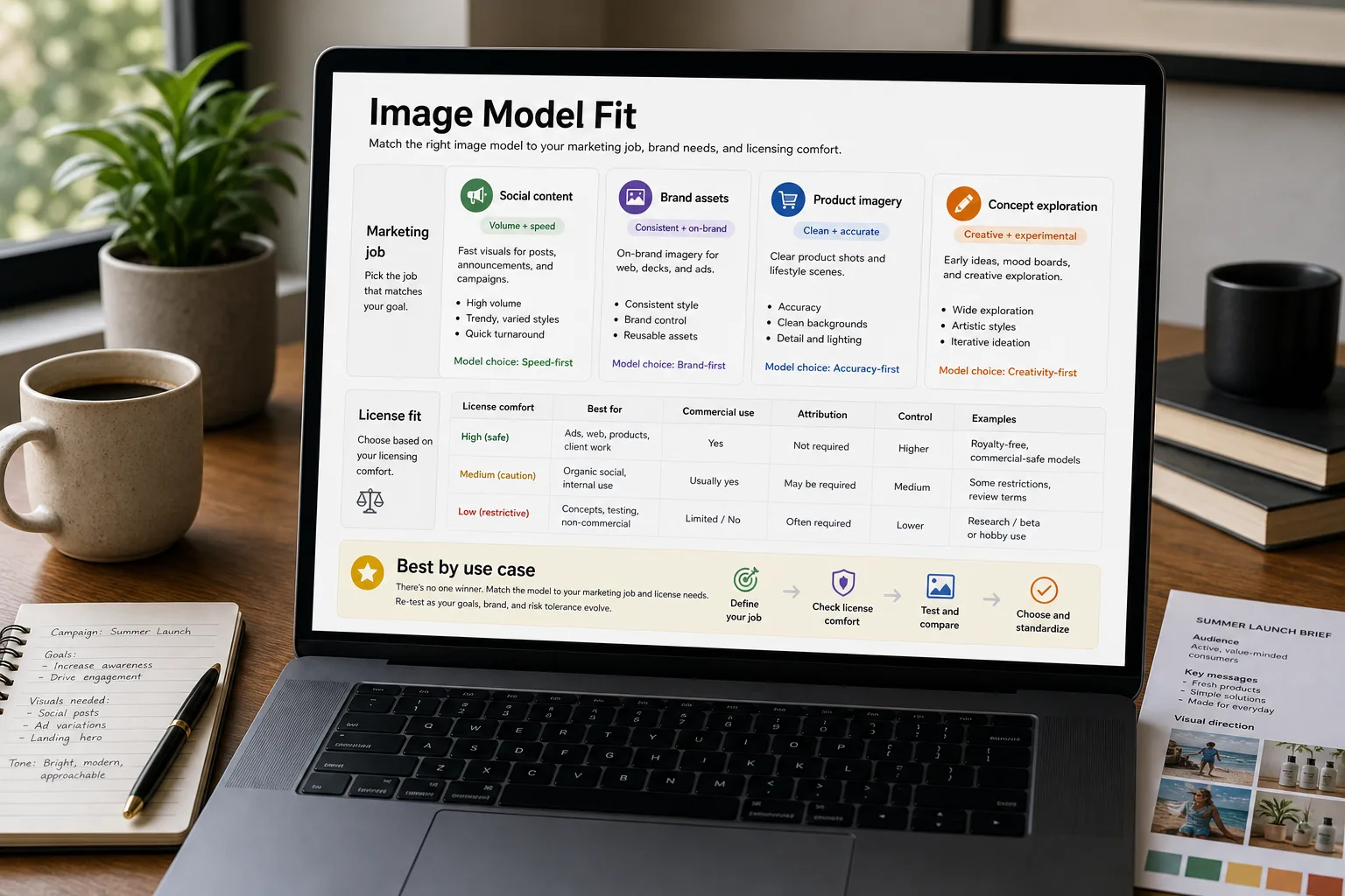 Over-the-shoulder photo of a laptop showing a "Best fit by use case" decision panel recommending a different image-generation model for each marketing job, with a printed license-terms sheet beside it.