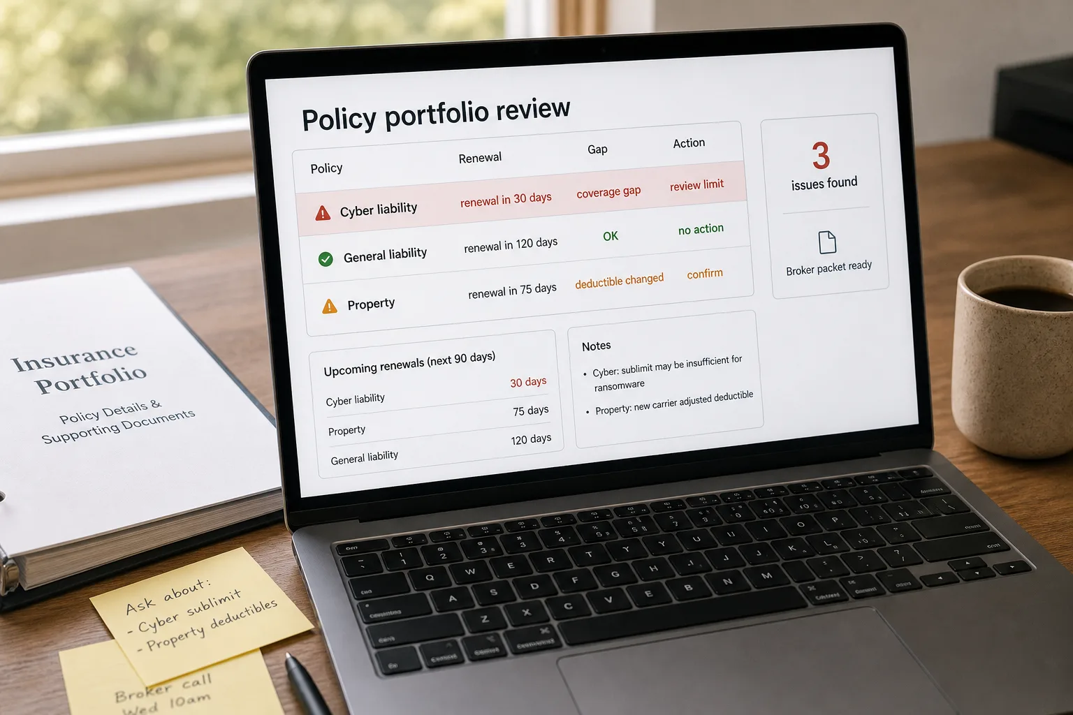 Laptop screen showing a coverage matrix titled "Portfolio coverage review — gaps & overlaps" with policies across the top, risk-category rows, green covered cells, red GAP cells, an amber OVERLAP cell, and a findings panel where an exclusion item is tagged "Needs review," beside a printed insurance declarations page.