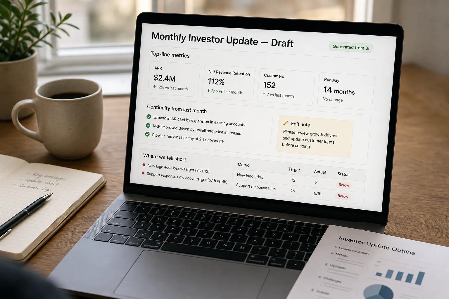 Over-the-shoulder photo of a laptop showing a generated monthly investor update draft with filled-in metrics, recent wins, a frank challenges note, and a "last month we said" continuity line, on a tidy desk beside a printed prior-month update.