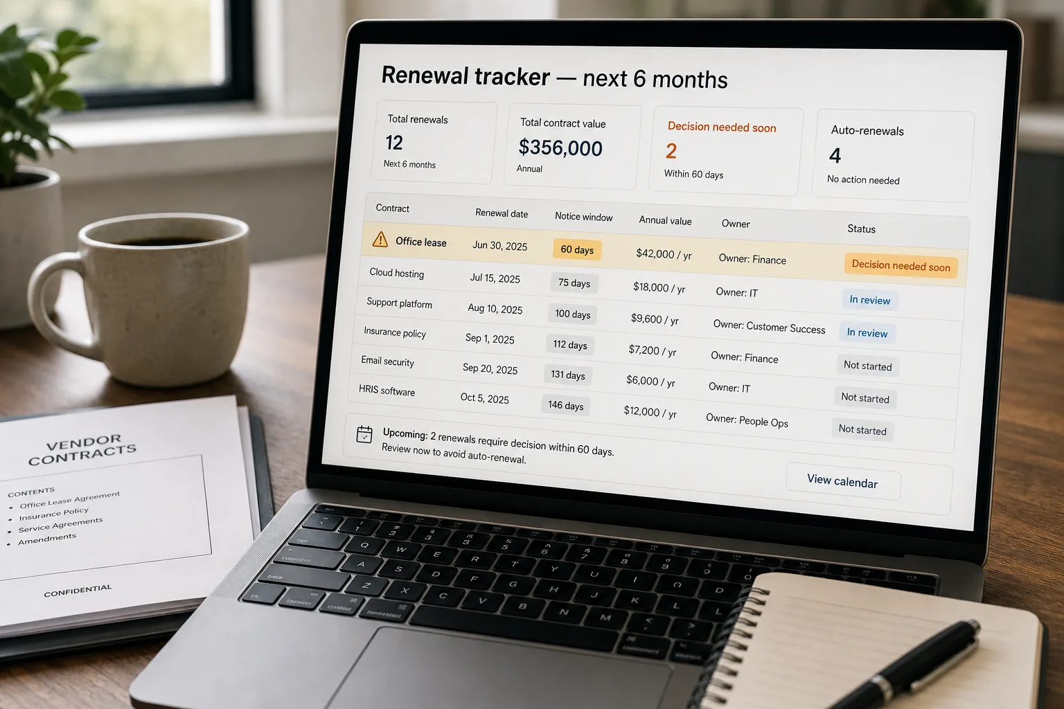 Over-the-shoulder view of a laptop showing a vendor-renewal tracker for the next 6 months: the top row, flagged in amber, reads "Acme Cloud — 60 days — Decision needed soon — Owner: Finance — $42,000/yr"; a 30-day row and a dimmer 14-day "Last chance before auto-renew" row sit below, with the notice method shown, beside a stapled printed contract on the desk.